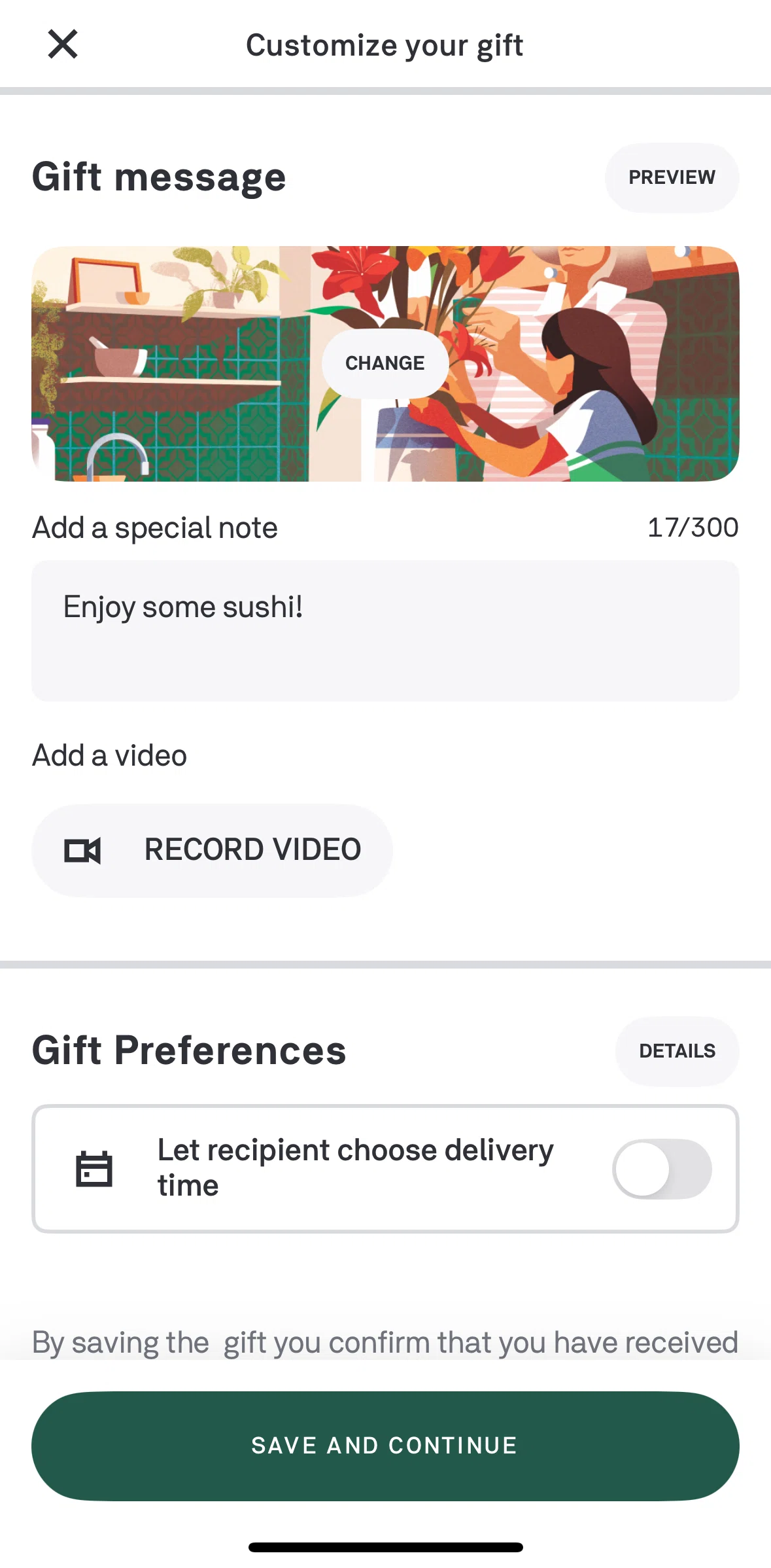 Postmates Screen screen in the Previewing gift flow