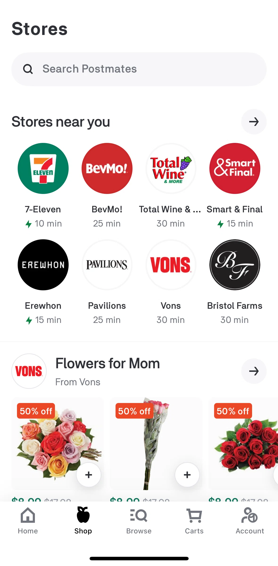 Postmates Screen screen in the View store flow