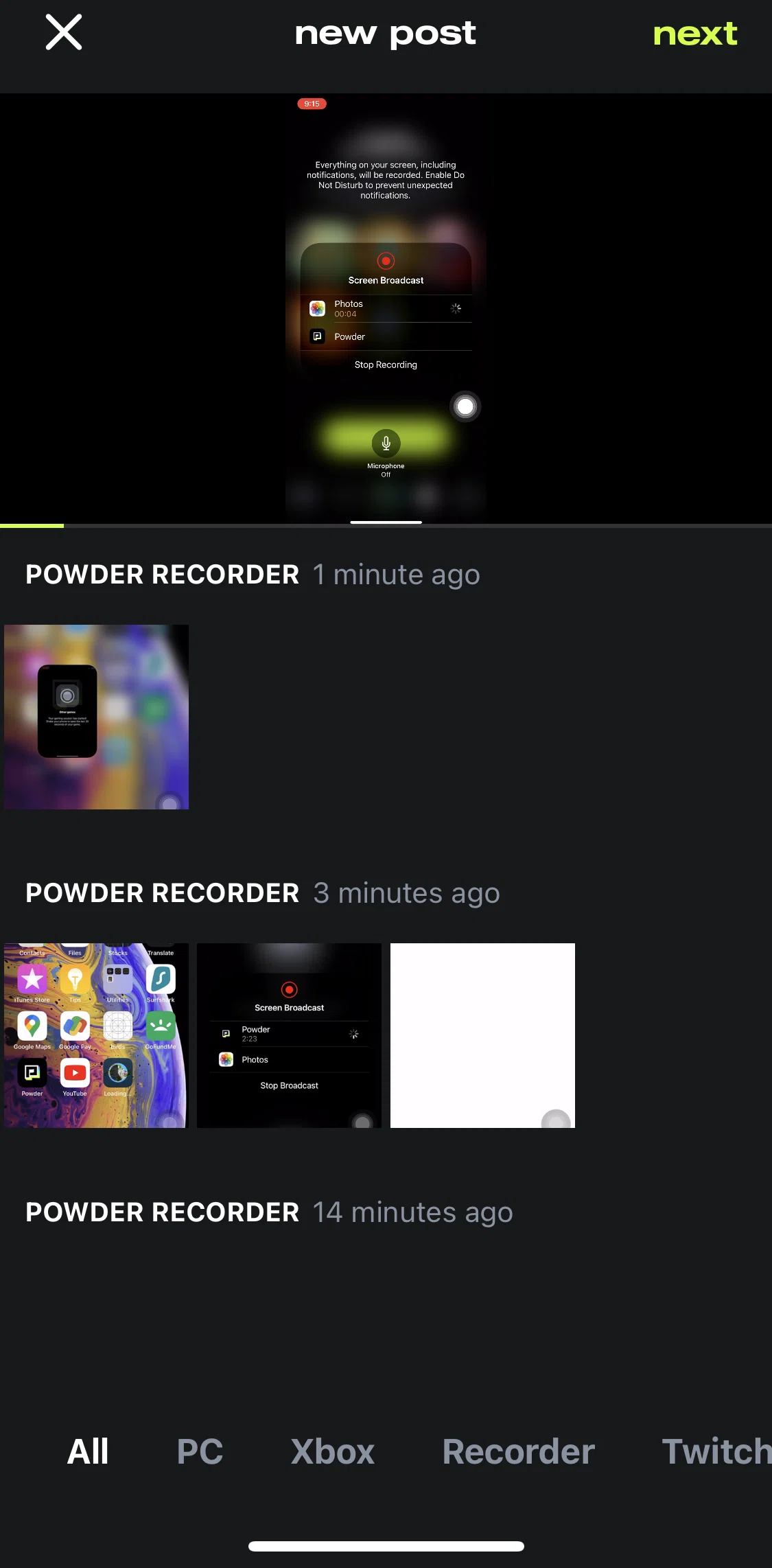 Powder Screen screen in the Connecting YouTube account flow