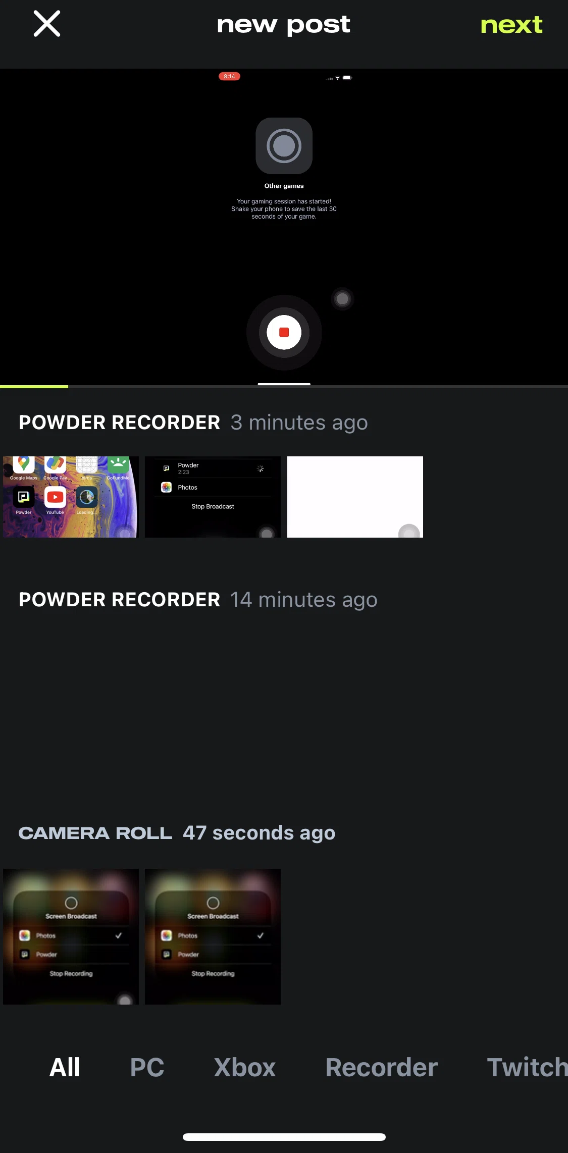 Powder Screen screen in the Editing and posting a game video flow