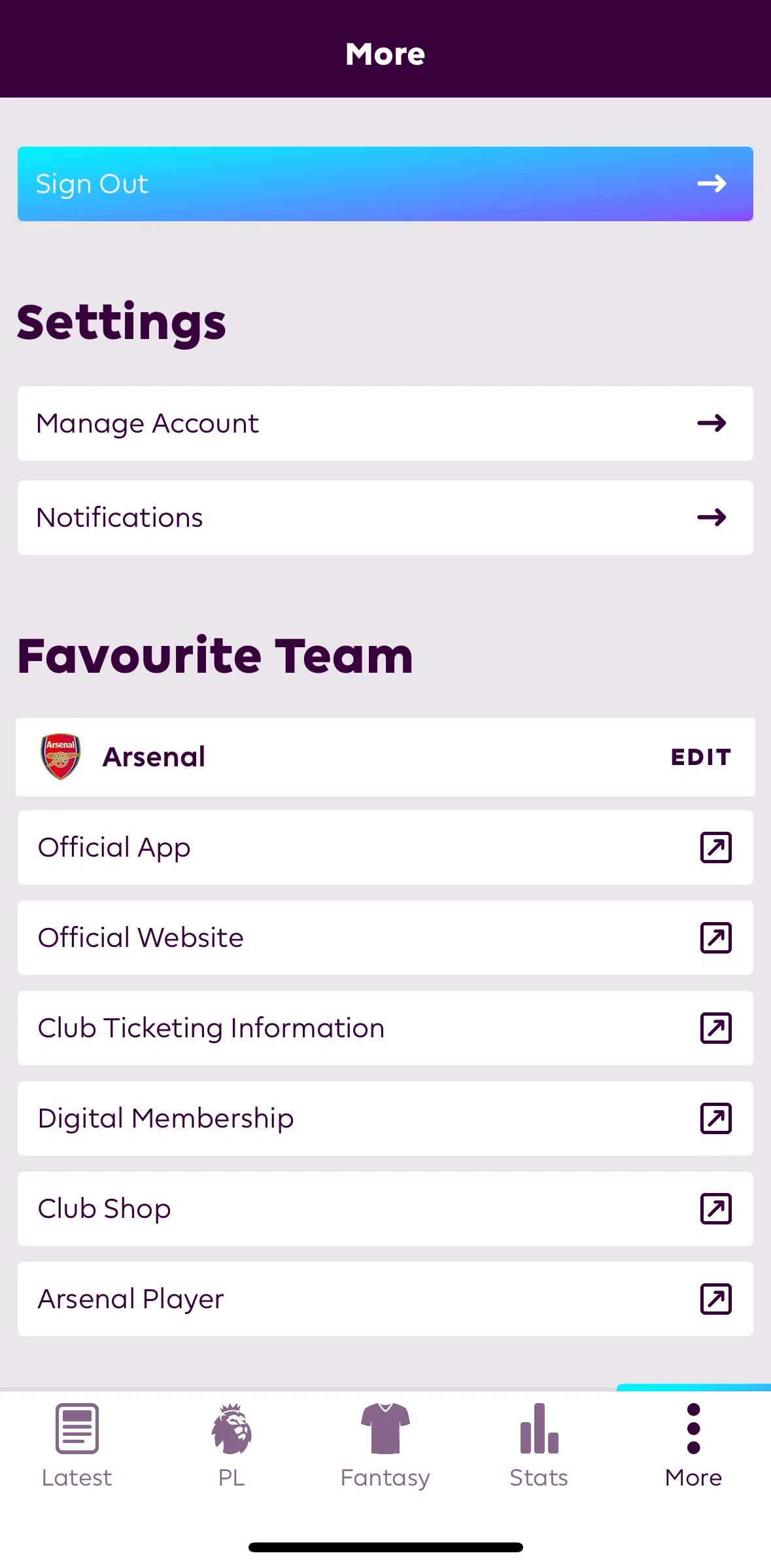Premier League Screen screen in the Changing my favorite team flow