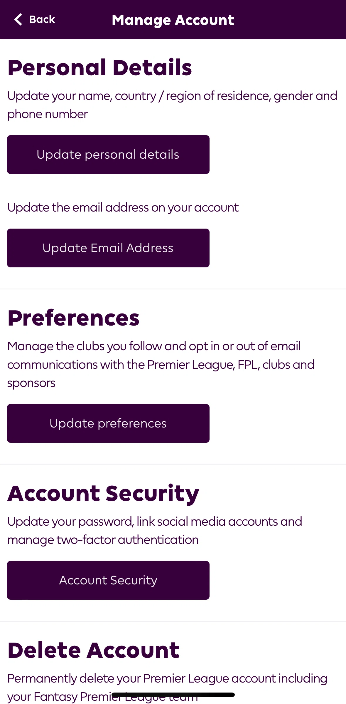 Premier League Screen screen in the Changing password flow