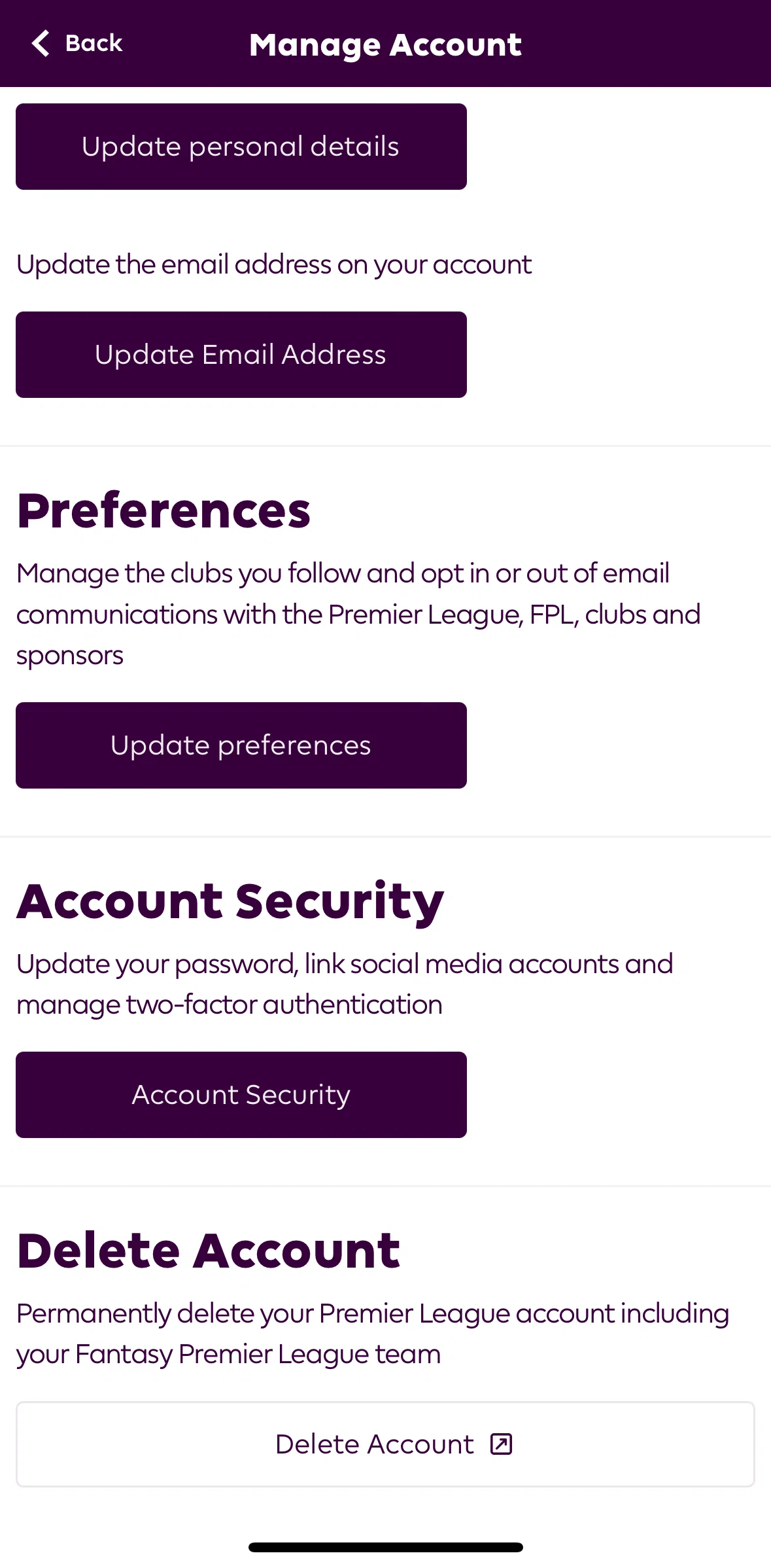 Premier League Screen screen in the Deleting my account flow
