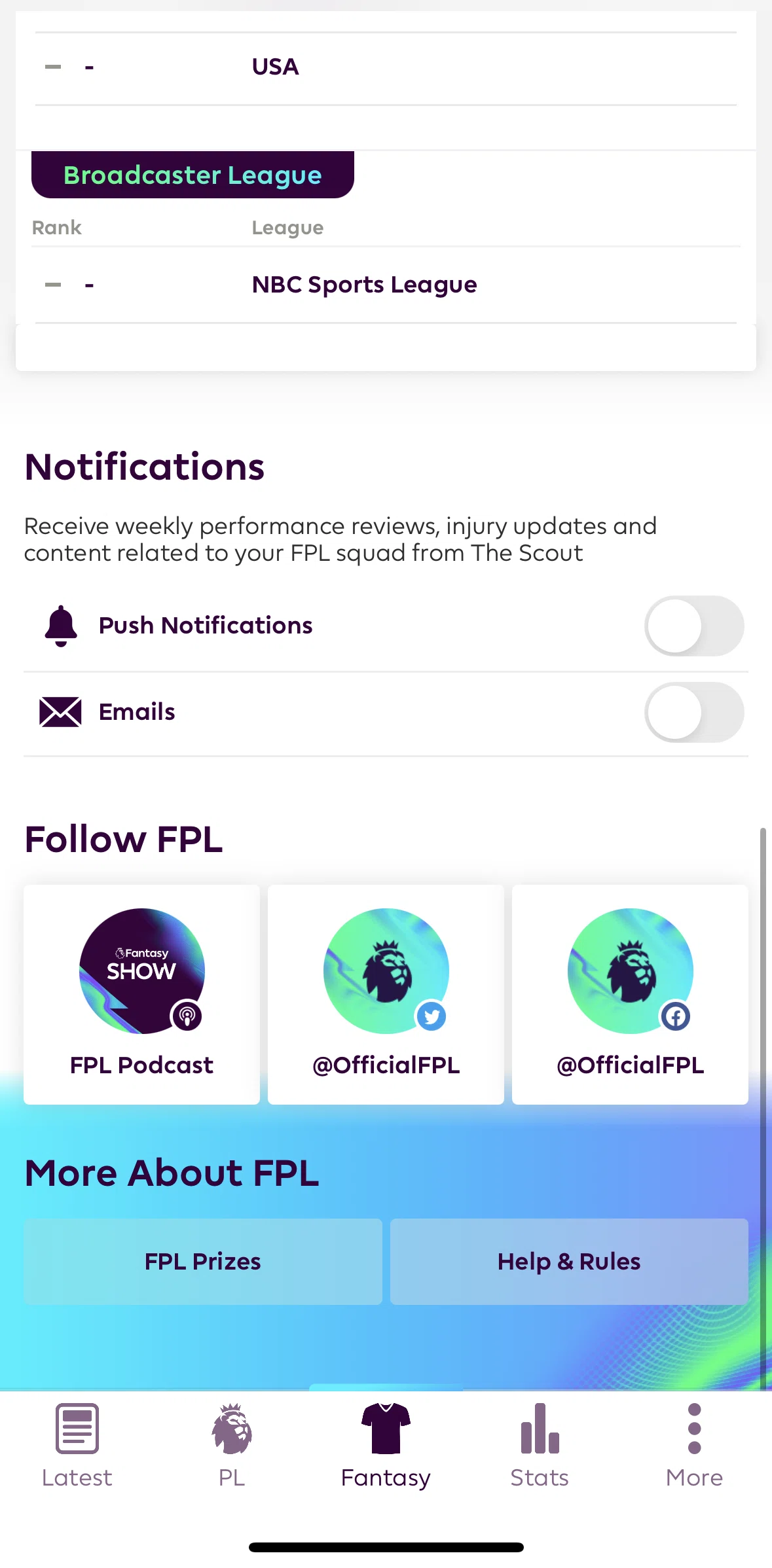 Premier League Screen screen in the Help & Rules flow