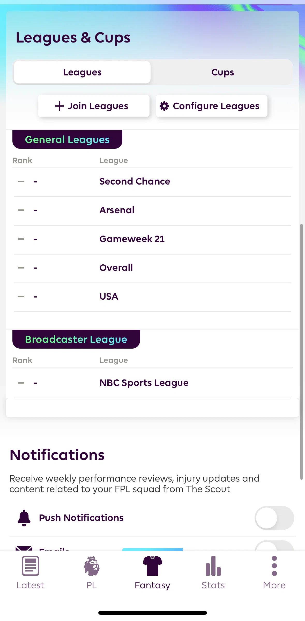 Premier League Screen screen in the Join a League flow