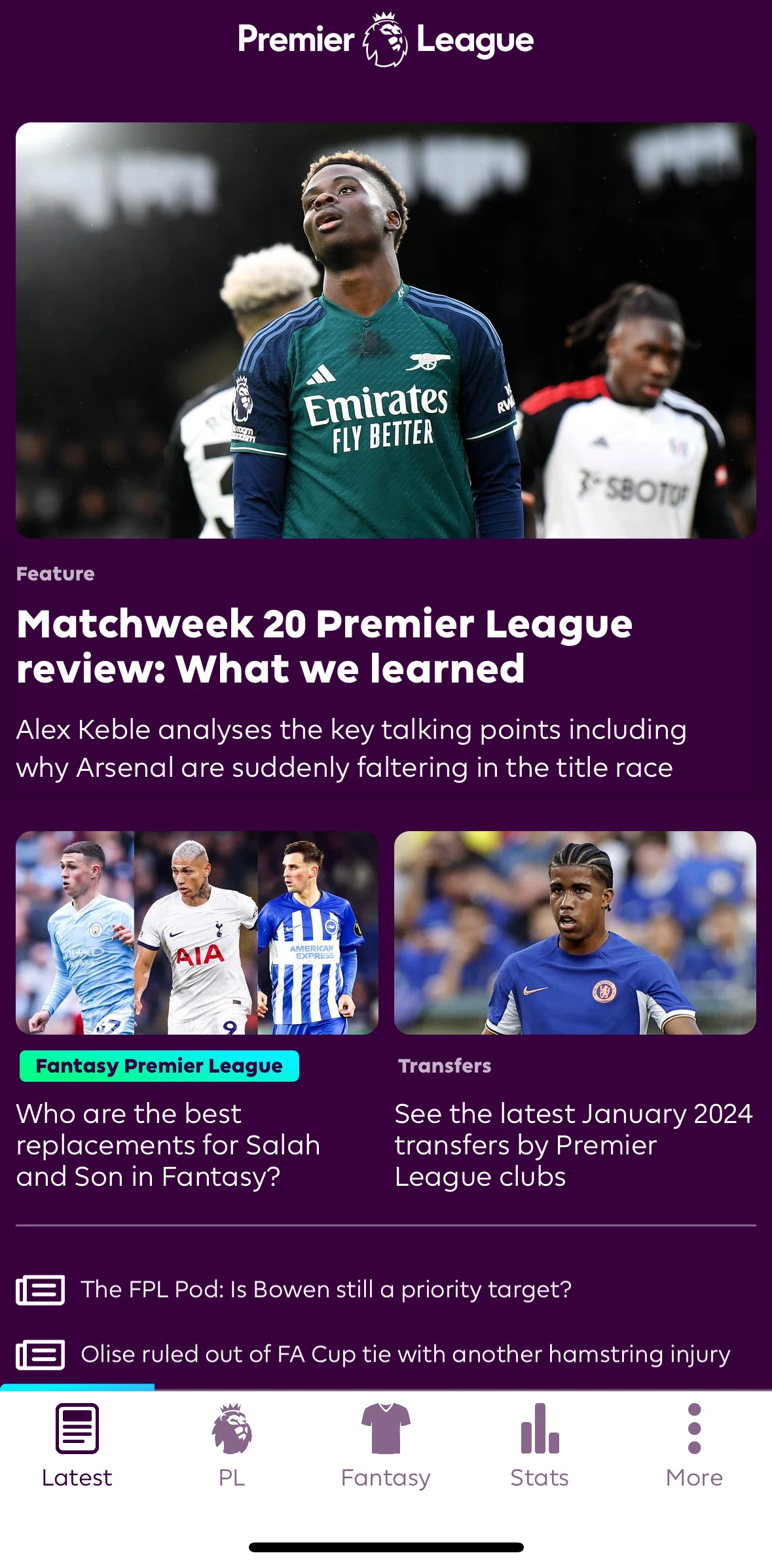 Premier League Screen screen in the More flow