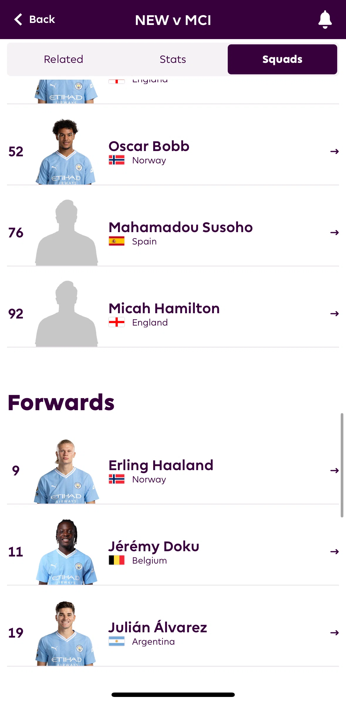 Premier League Screen screen in the Player detail flow