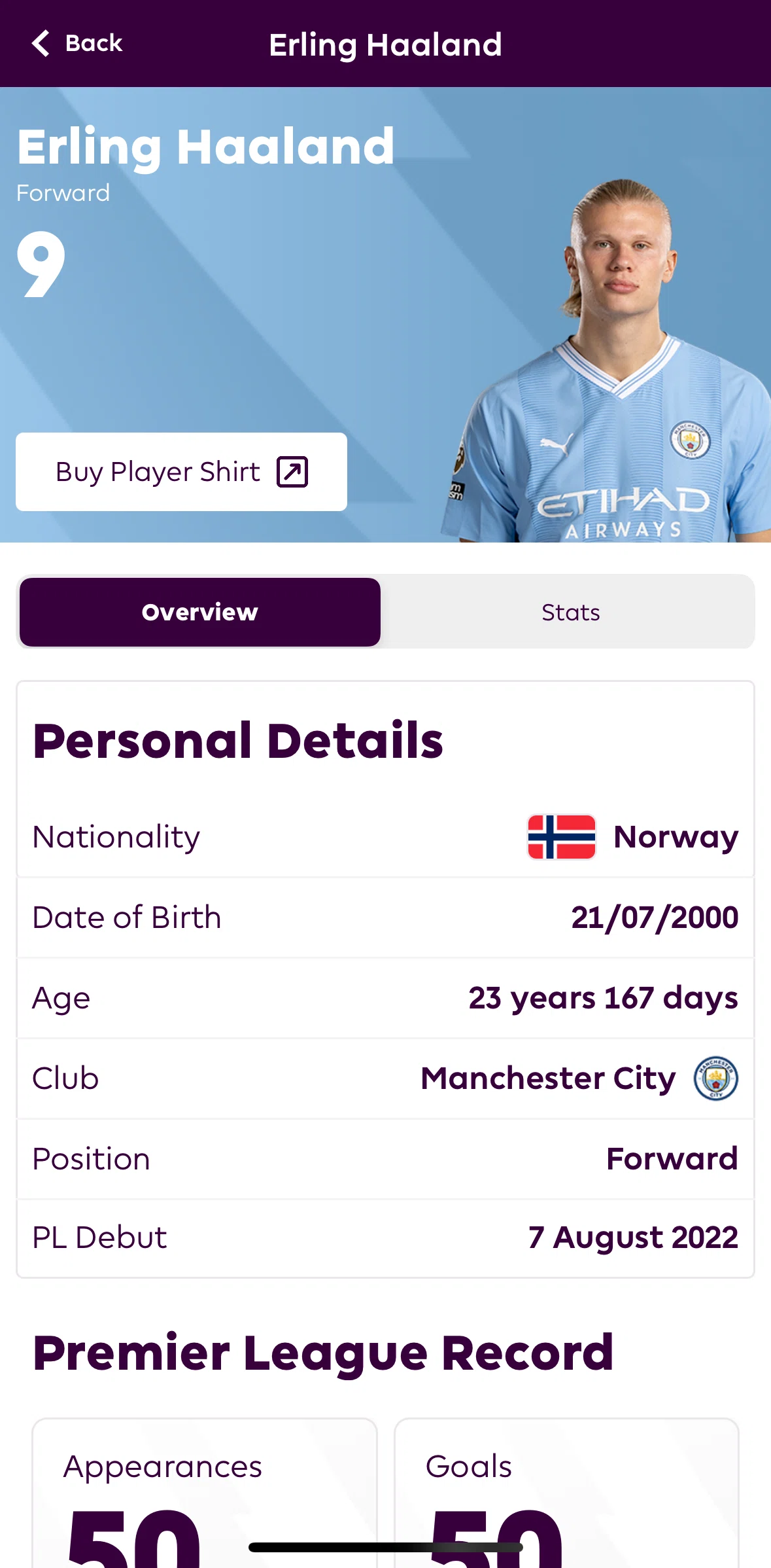 Premier League Screen screen in the Player stats flow