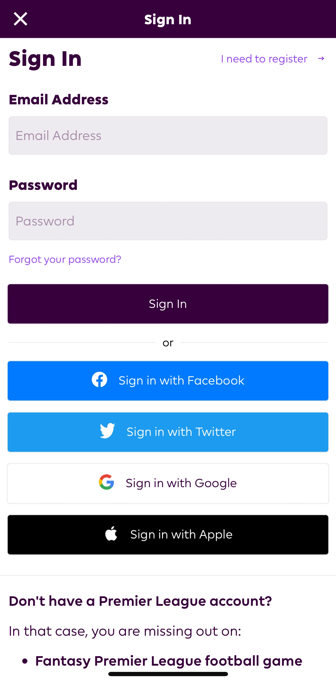 Premier League Screen screen in the Resetting my password flow