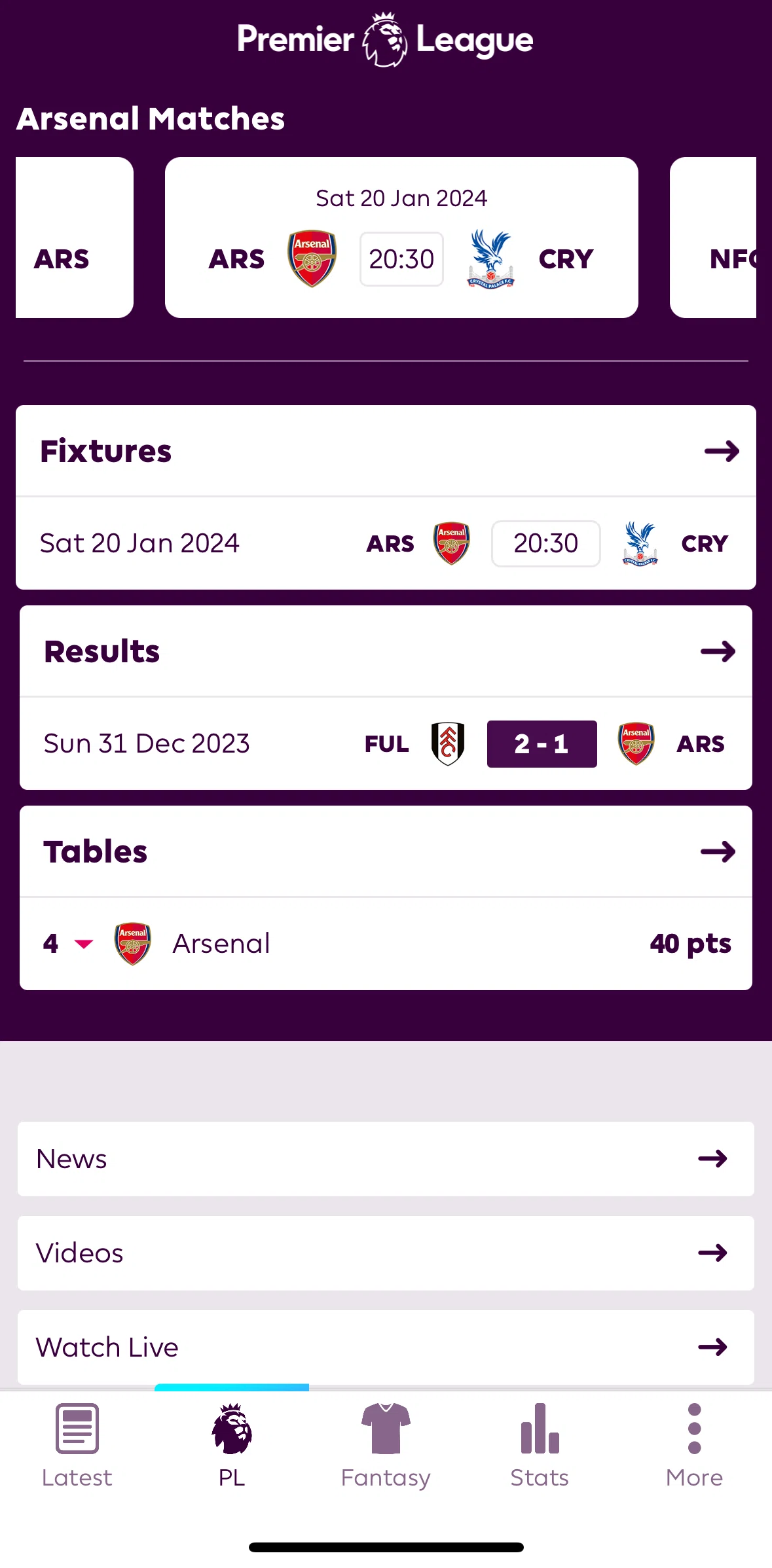 Premier League Screen screen in the Results flow