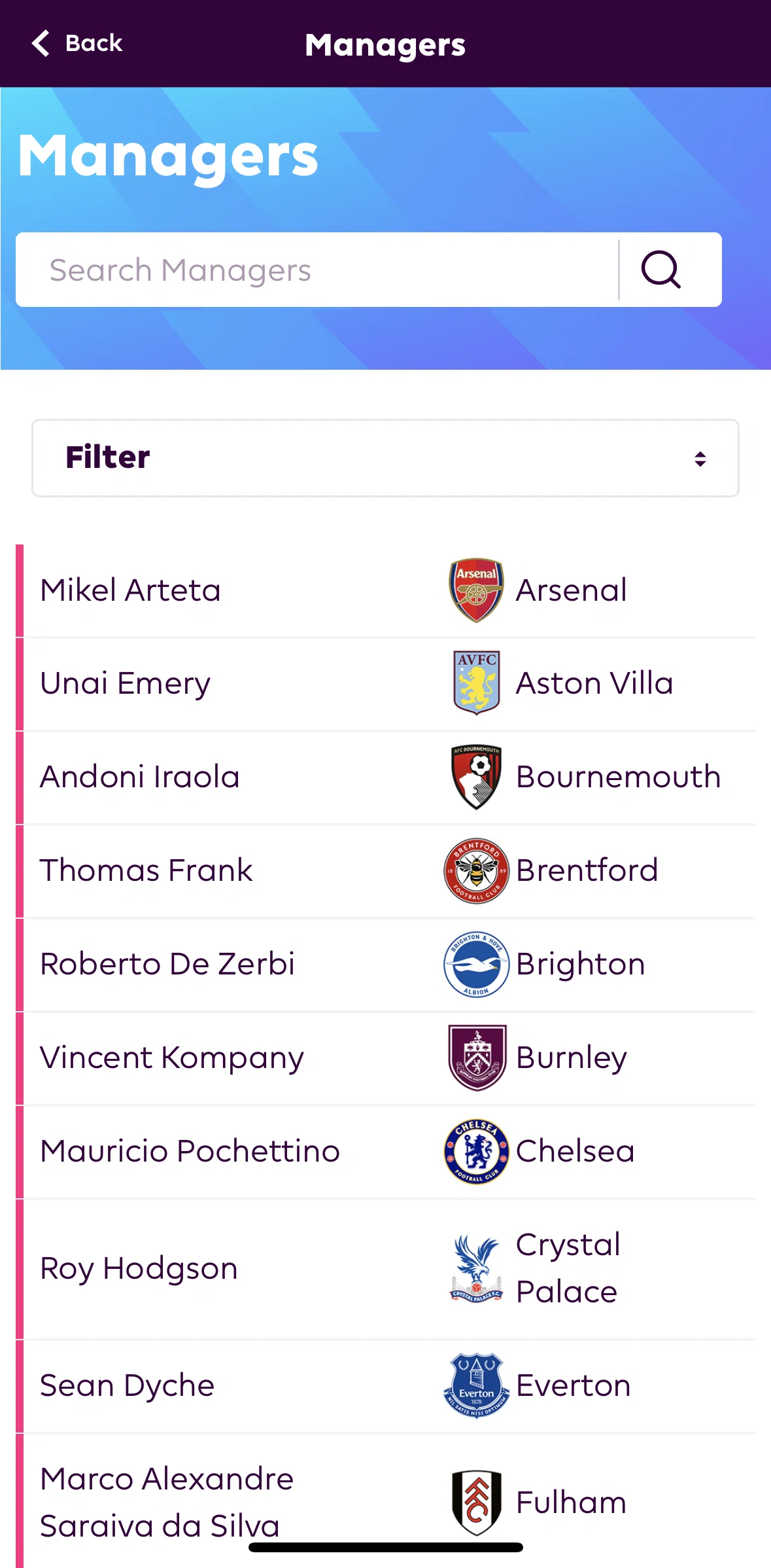 Premier League Screen screen in the Searching managers flow