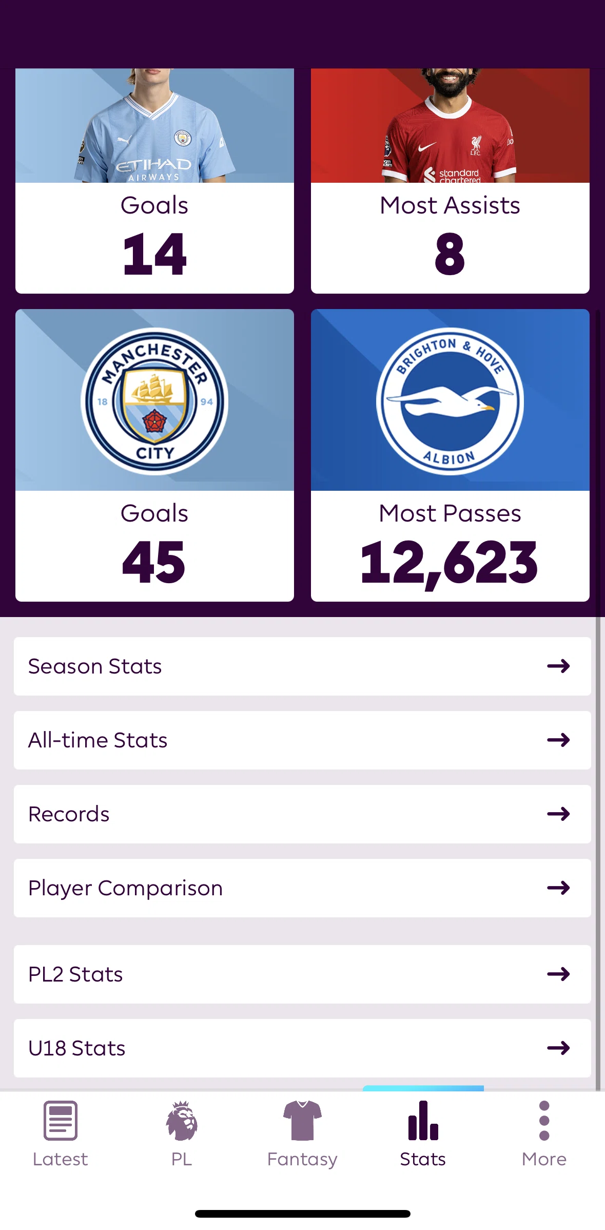 Premier League Screen screen in the Season stats flow