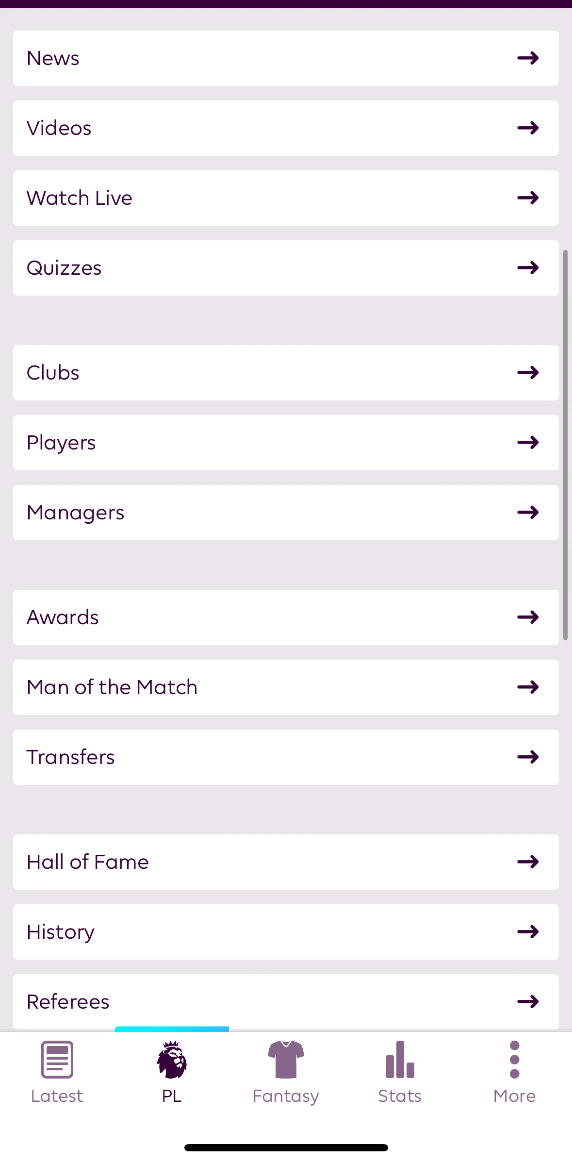 Premier League Screen screen in the Taking a quiz flow