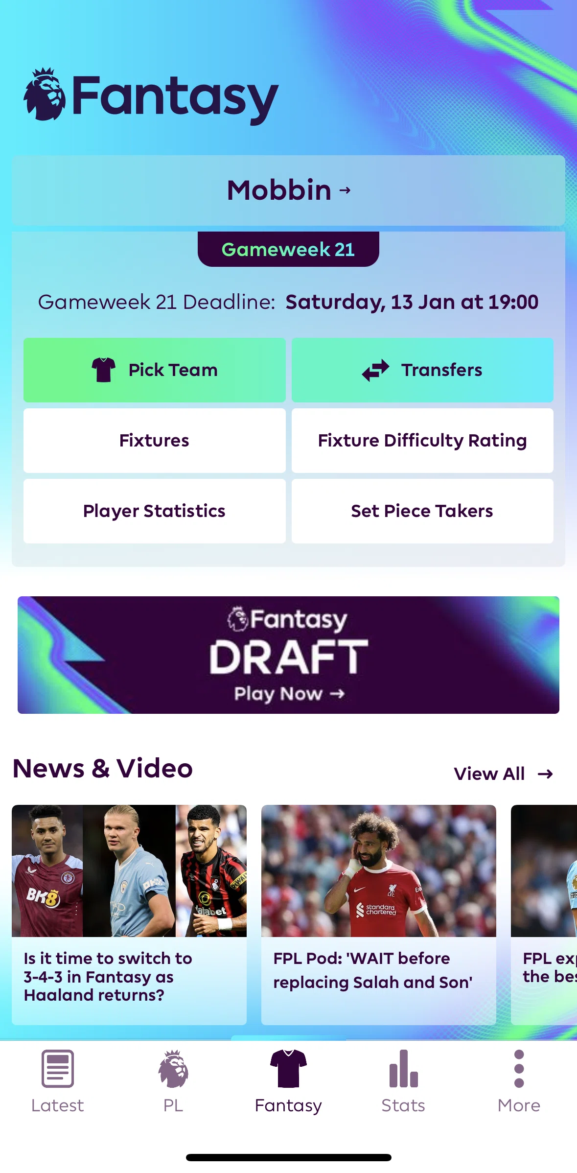 Premier League Screen screen in the Team profile flow