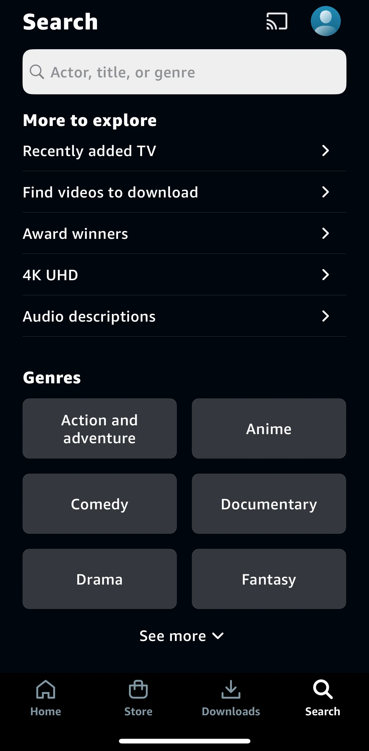 Prime Video Screen screen in the Browse by categories flow