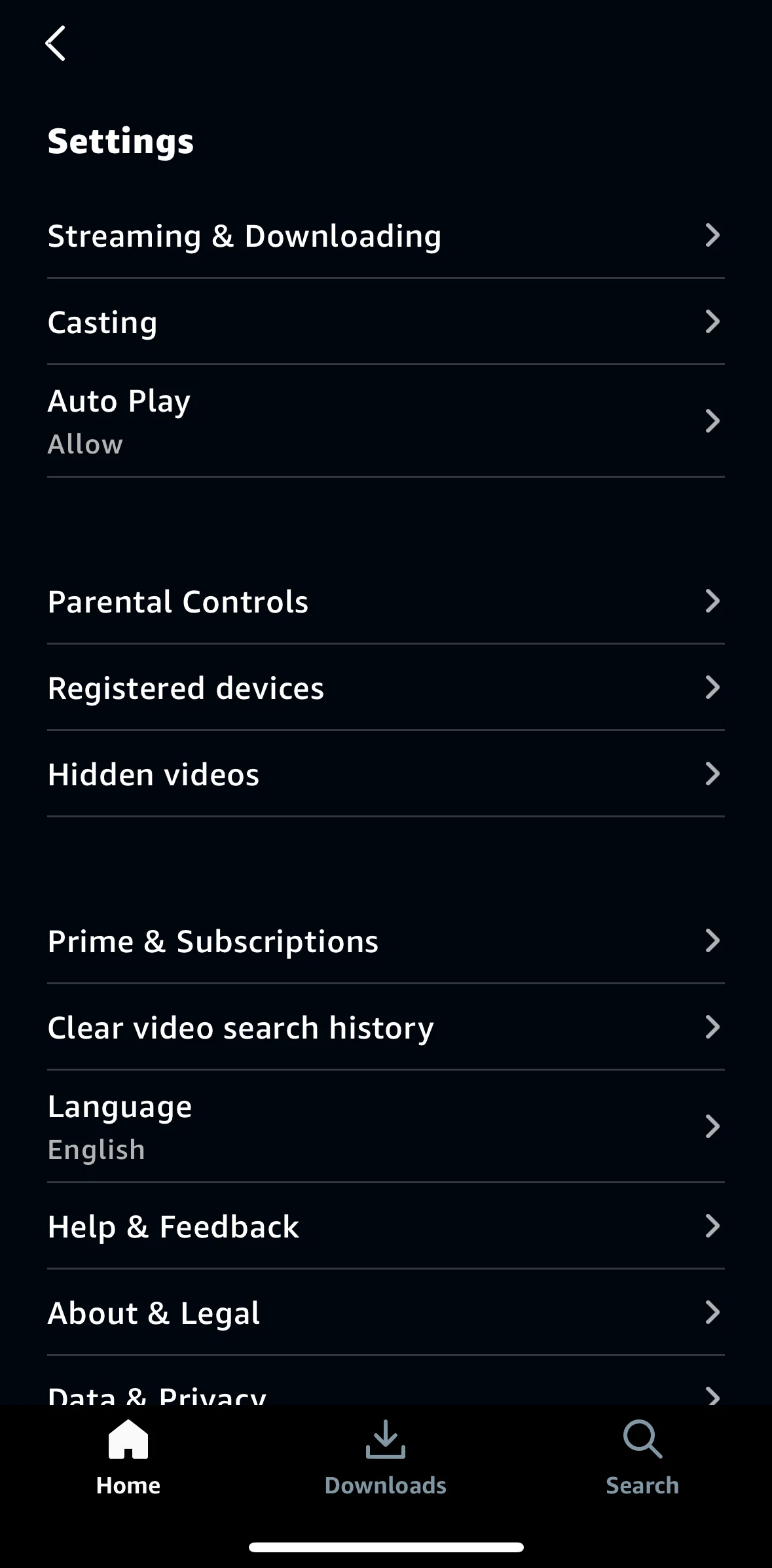 Prime Video Screen screen in the Clearing search history flow
