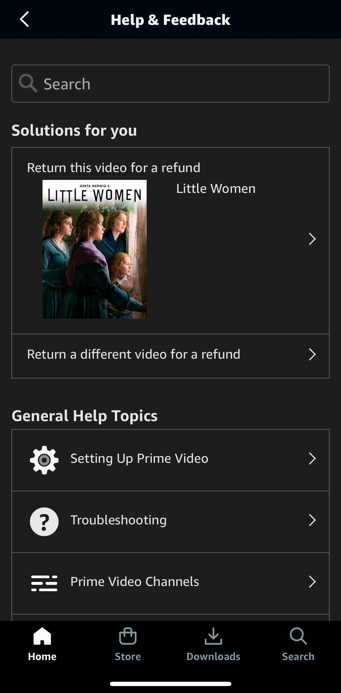 Prime Video Screen screen in the Contacting support flow
