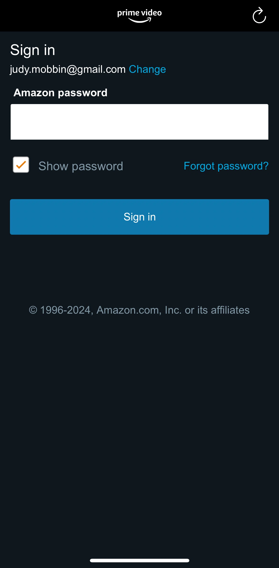 Prime Video Screen screen in the Forgetting password flow
