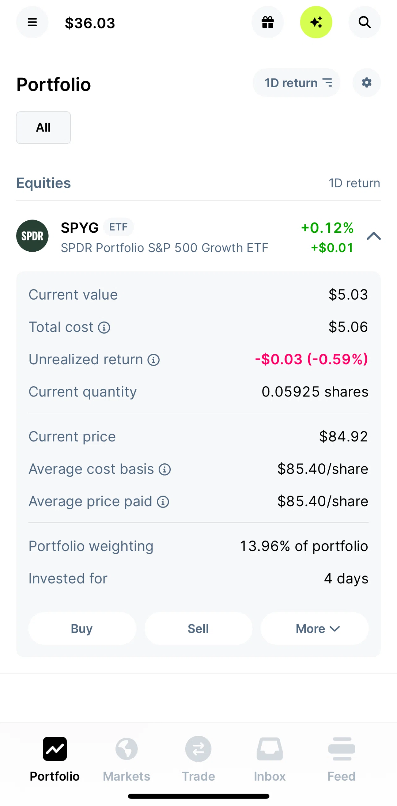 Public Screen screen in the Selling a stock flow