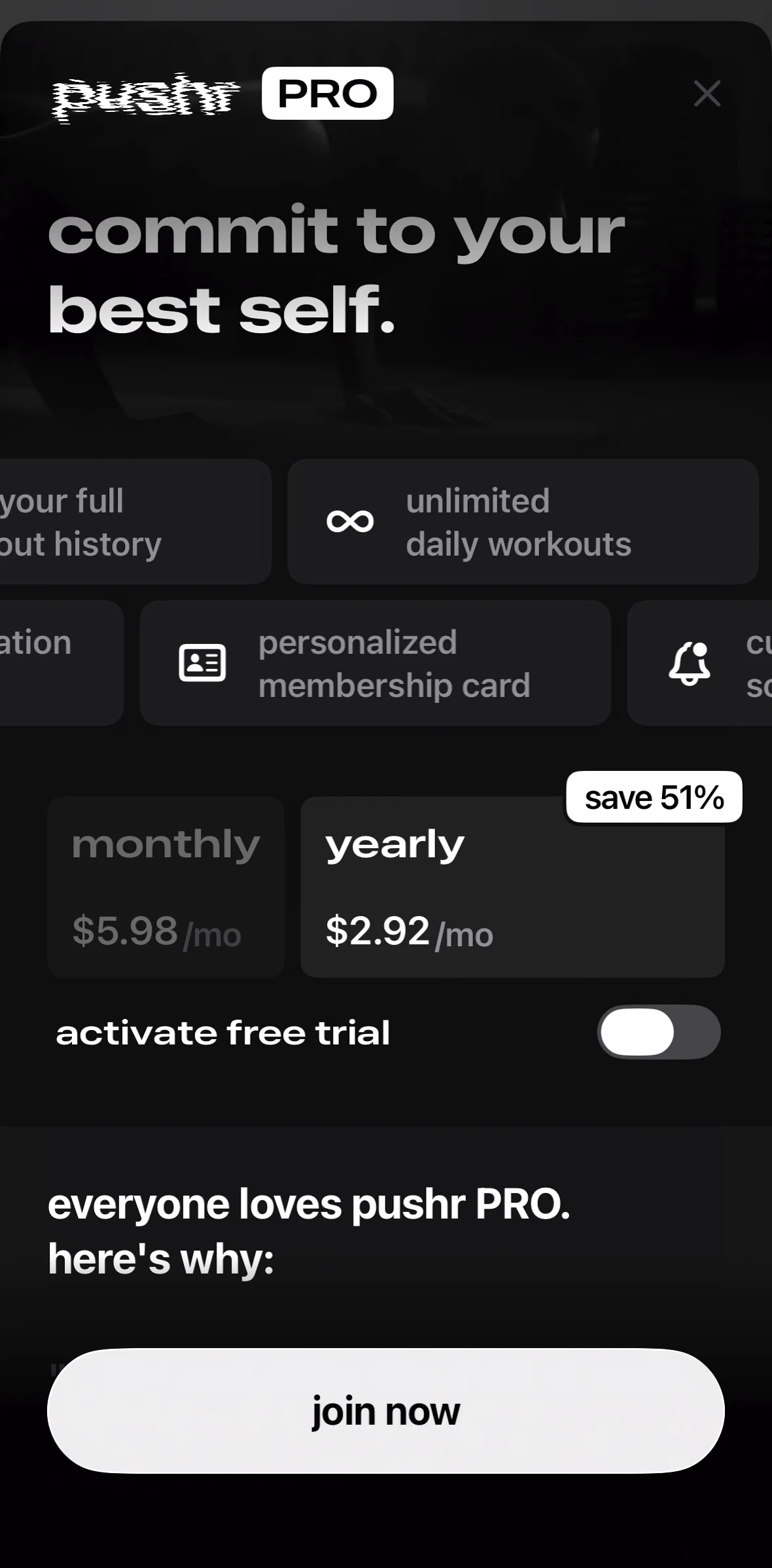 pushr Screen screen in the Subscribing to pushr PRO flow