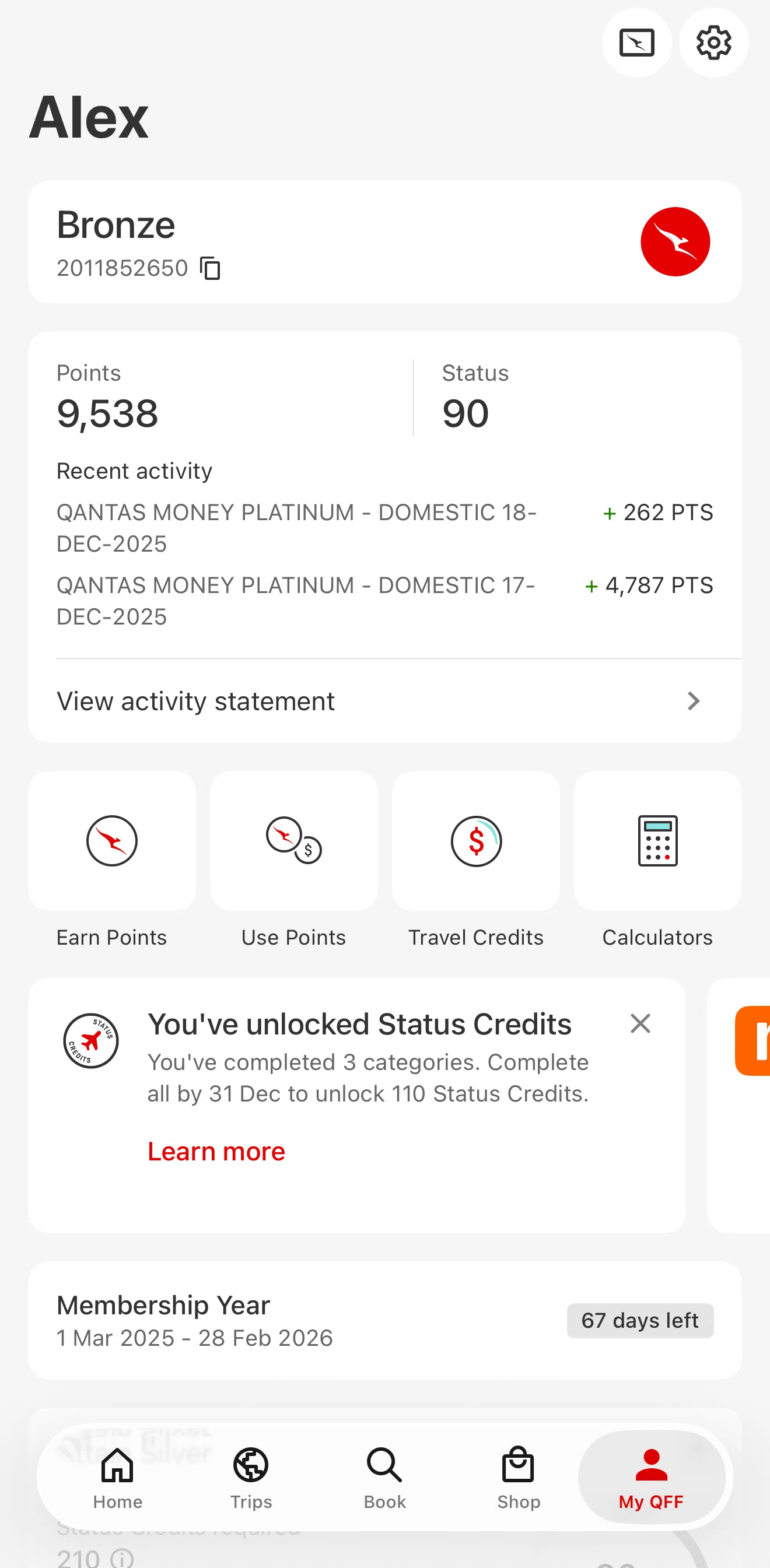 Qantas Airways Screen screen in the Activity statement flow