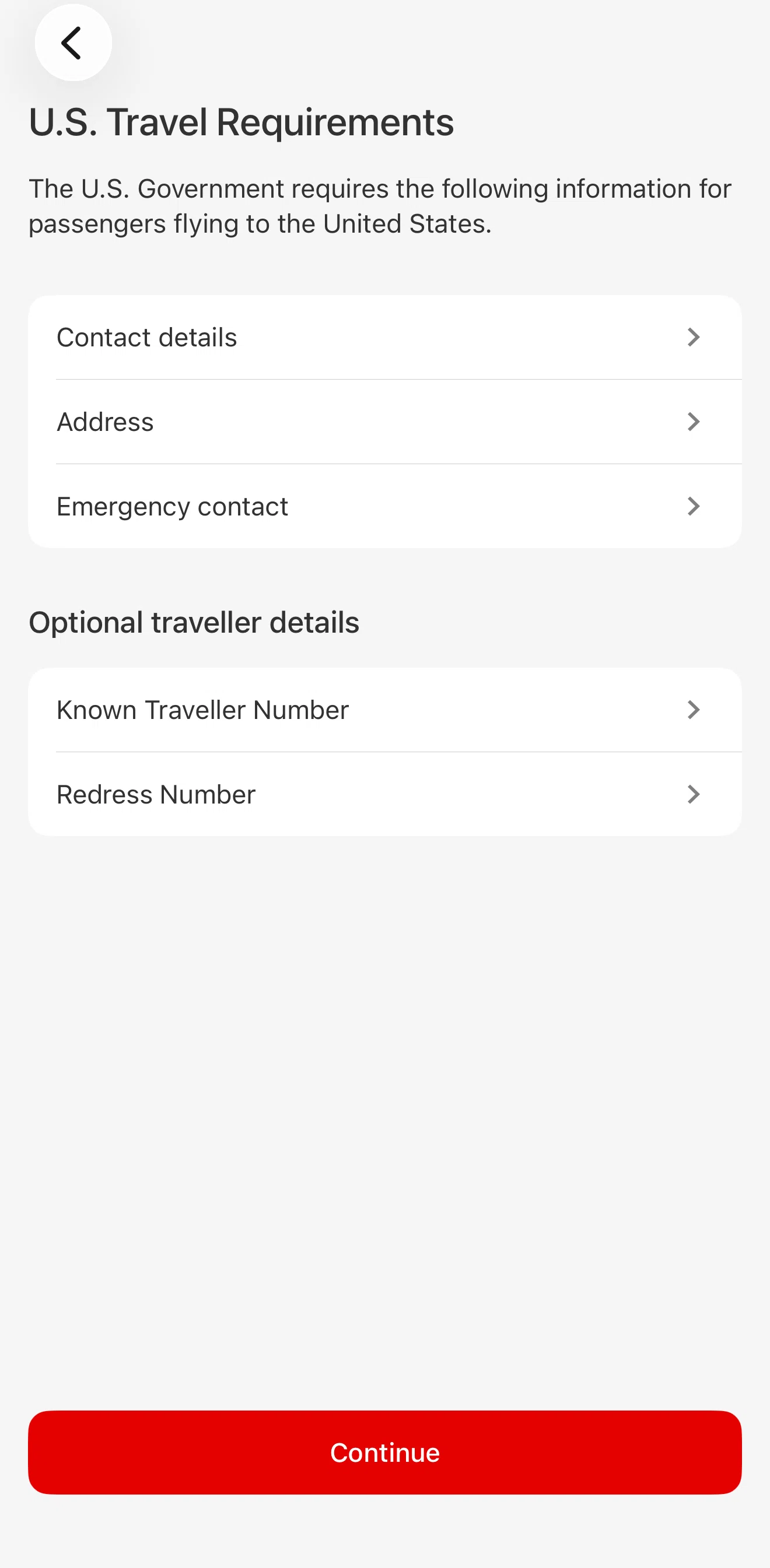 Qantas Airways Screen screen in the Adding contact details flow