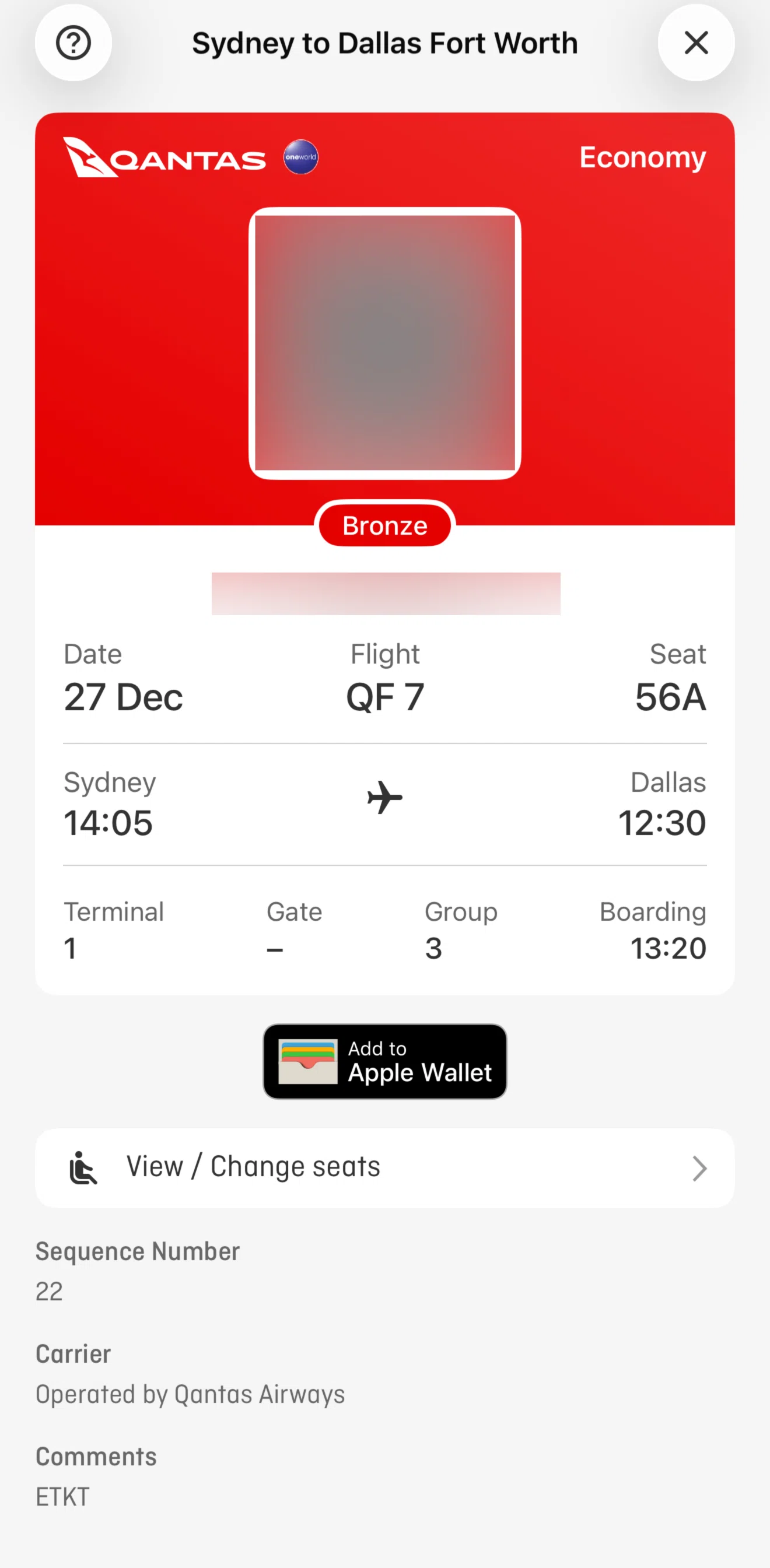 Qantas Airways Screen screen in the Boarding pass information flow