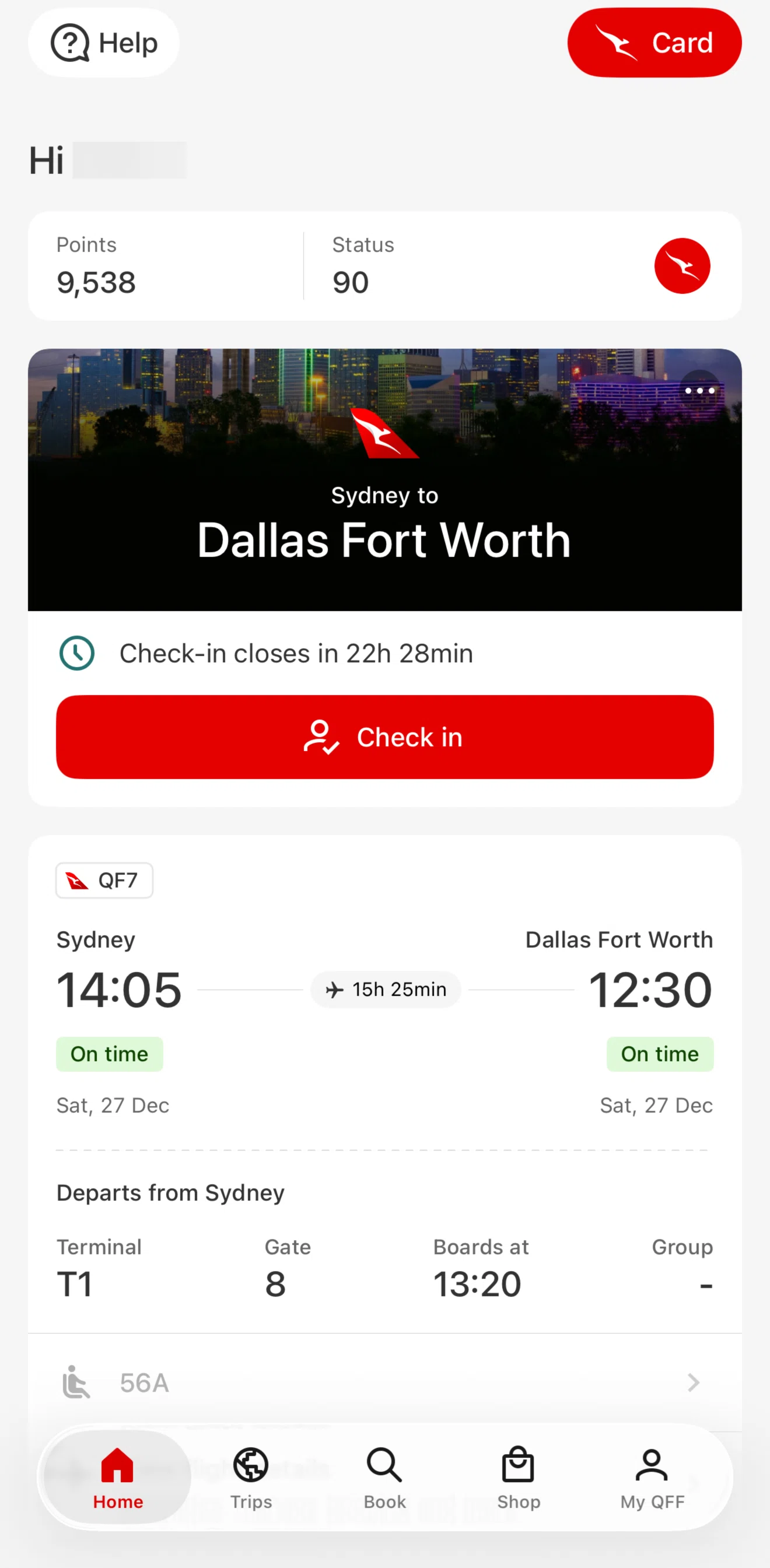 Qantas Airways Screen screen in the Checking in flow