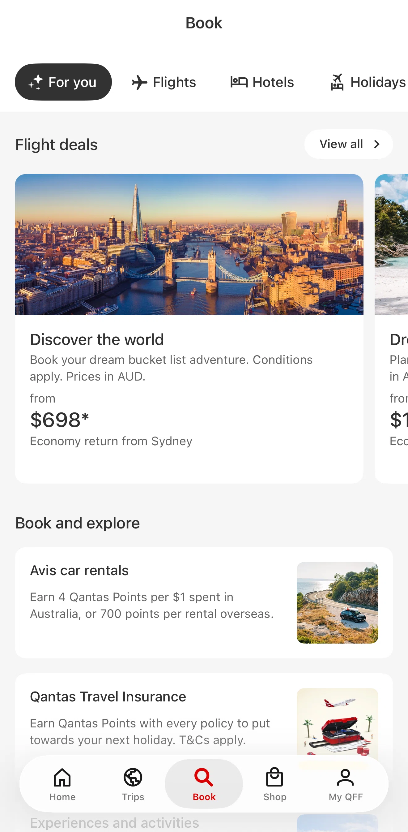 Qantas Airways Screen screen in the Explore destinations flow