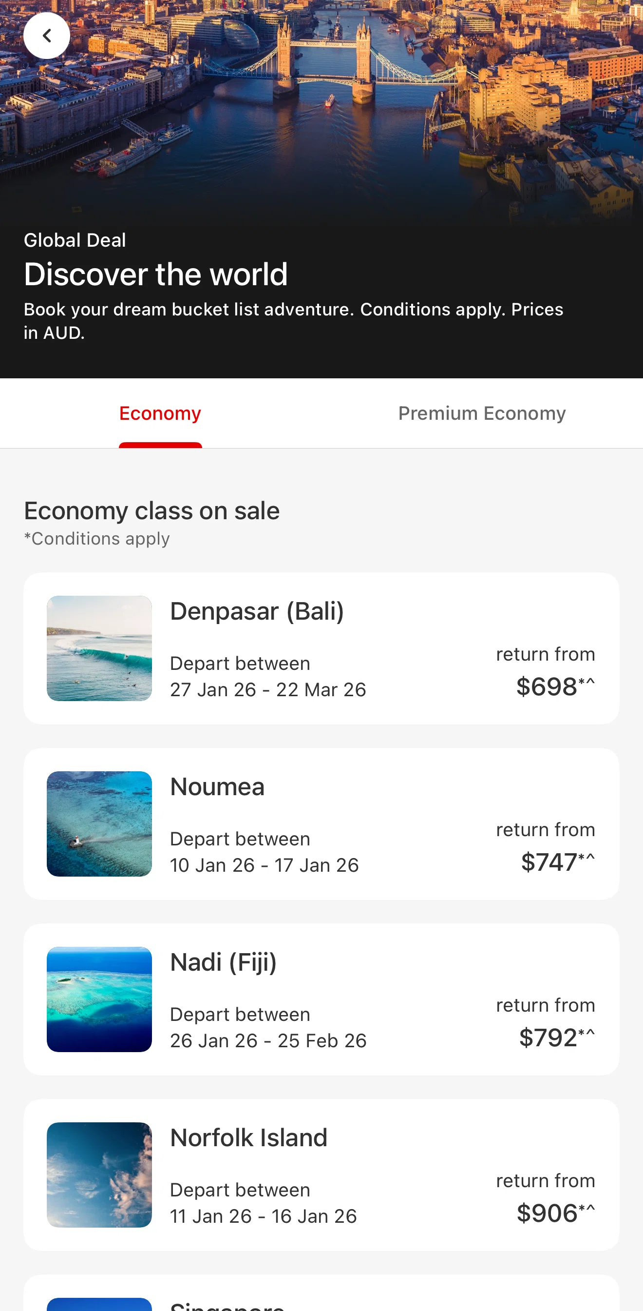 Qantas Airways Screen screen in the Flight deal flow