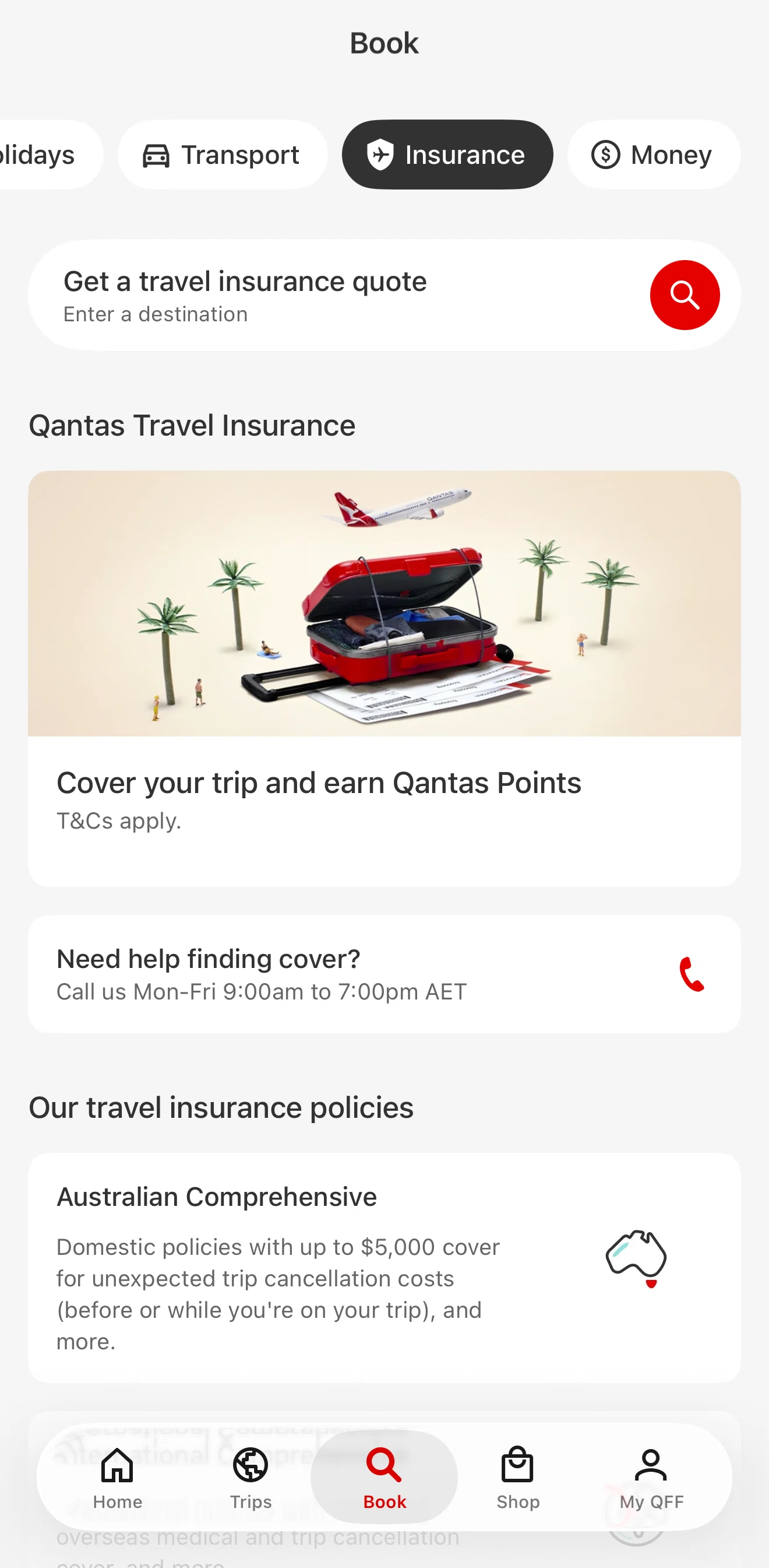 Qantas Airways Screen screen in the Insurance flow