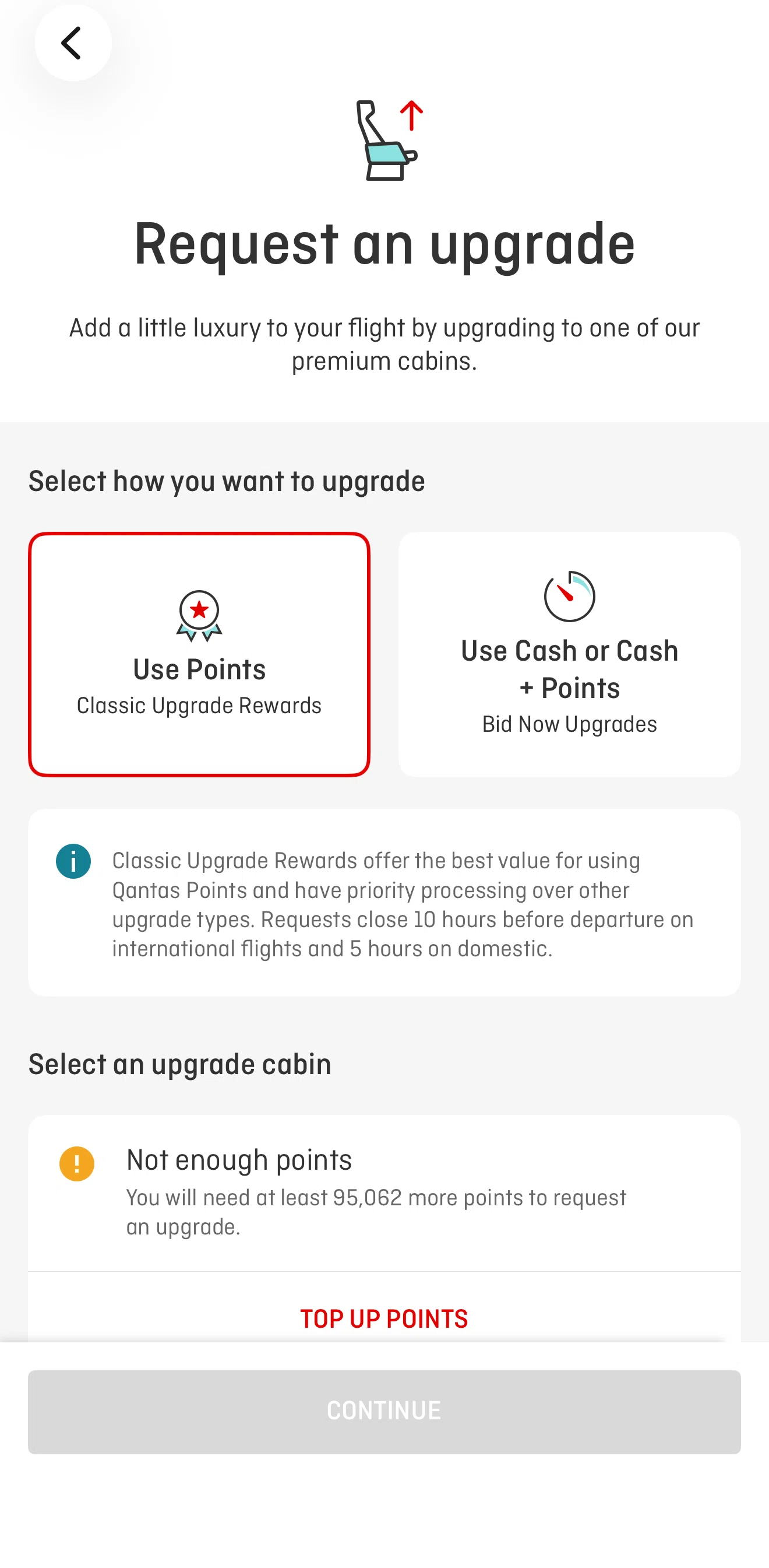 Qantas Airways Screen screen in the Request an upgrade (cash) flow