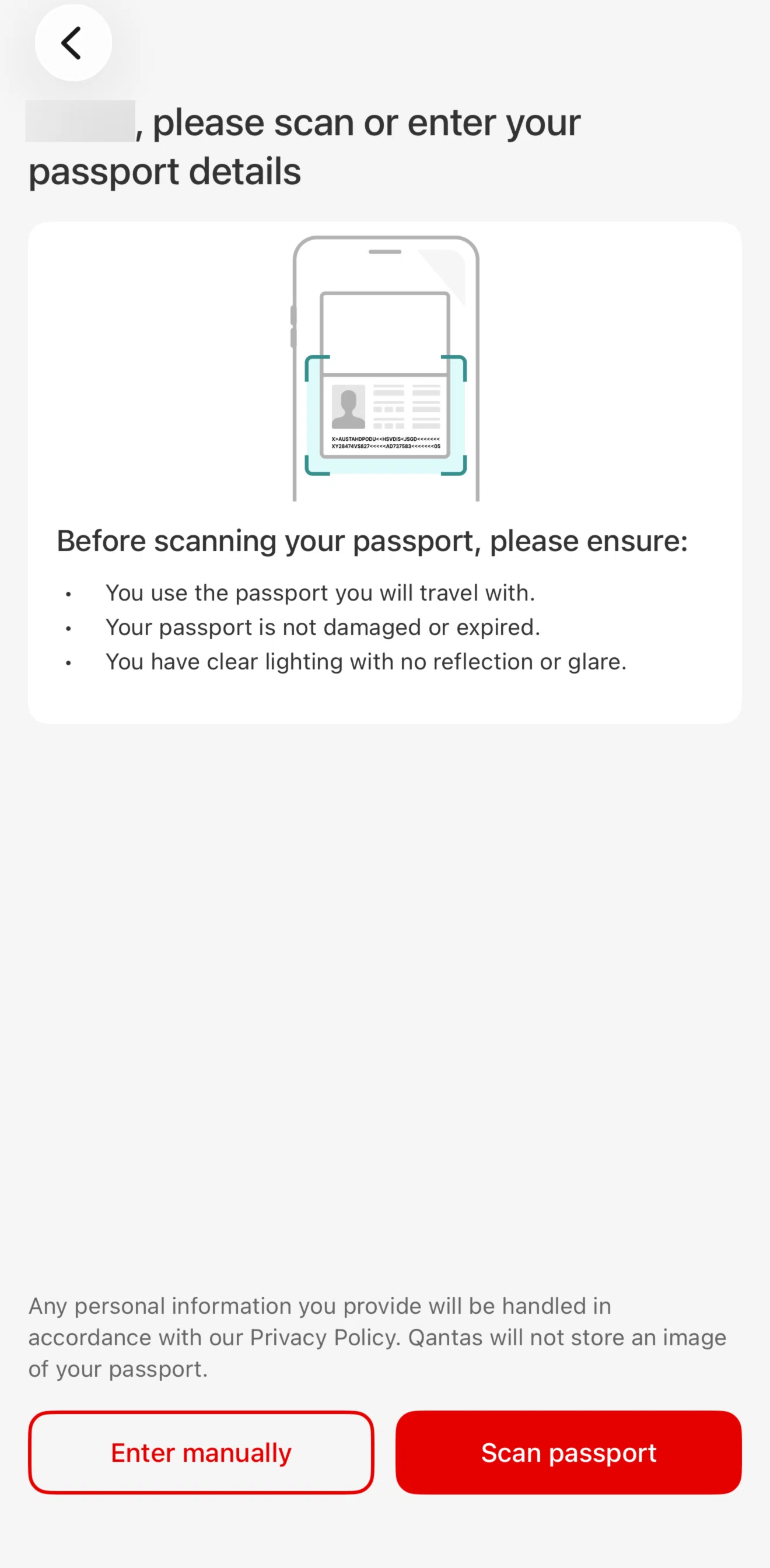 Qantas Airways Screen screen in the Scanning a passport flow