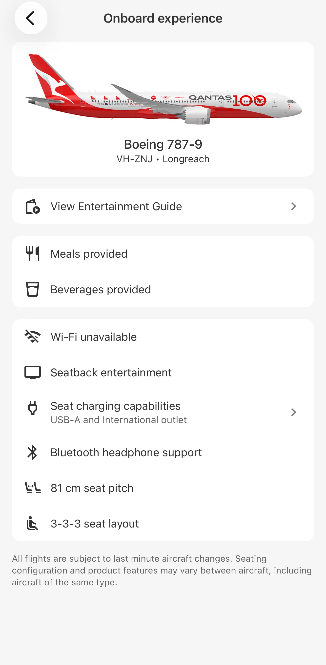 Qantas Airways Screen screen in the Seat charging capabilities flow
