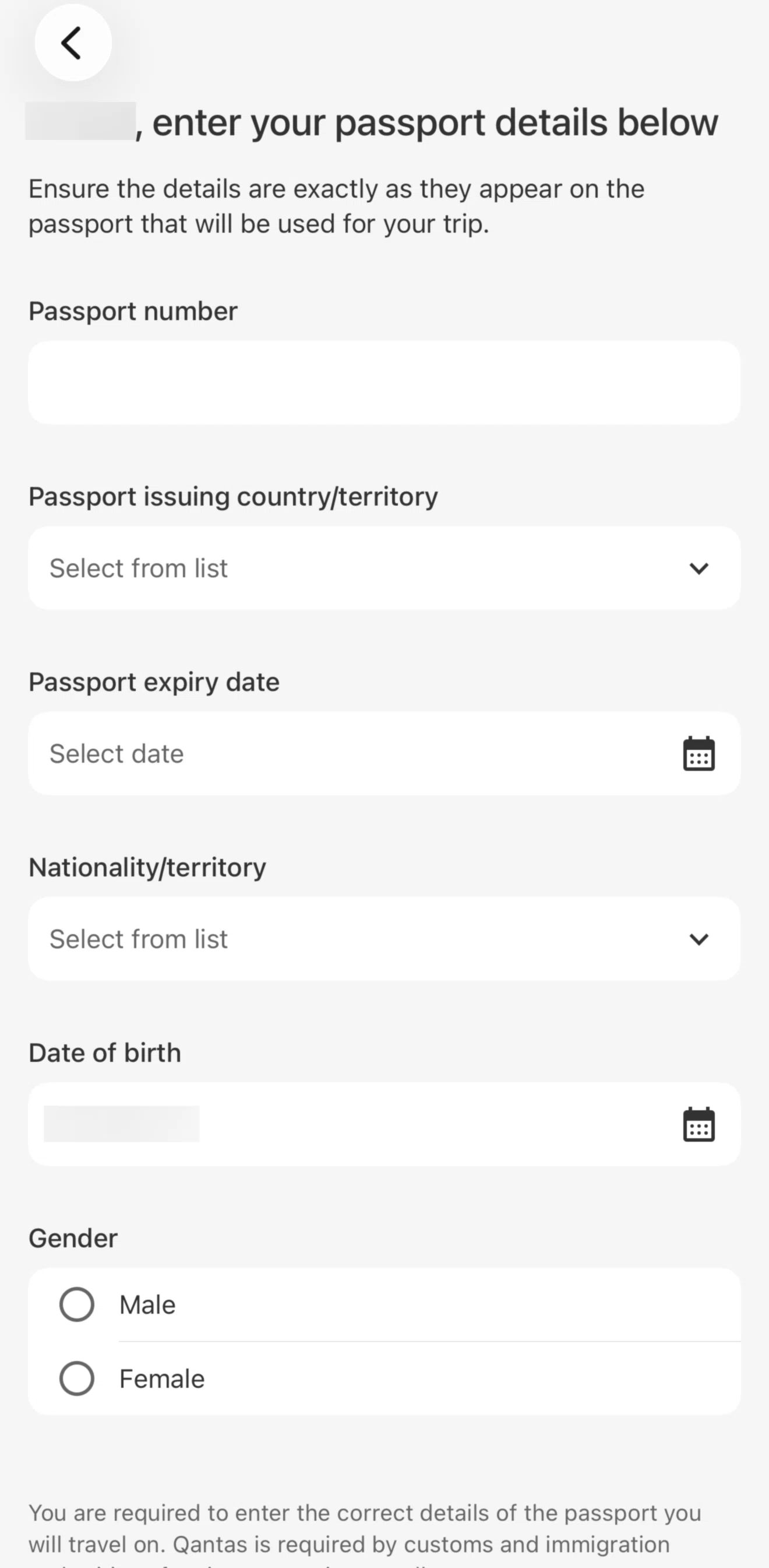 Qantas Airways Screen screen in the Selecting passport issuing country flow