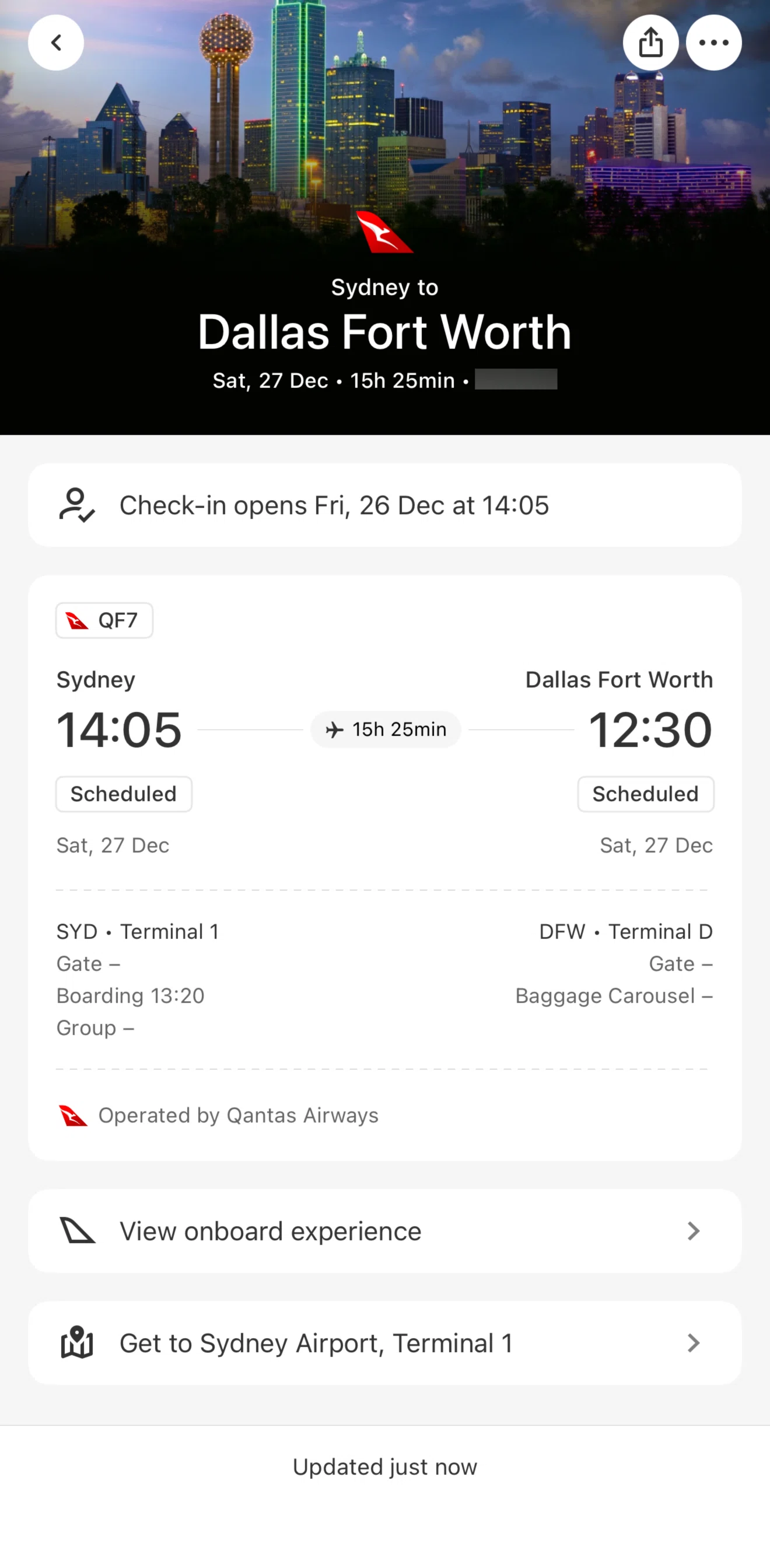 Qantas Airways Screen screen in the Share a trip flow