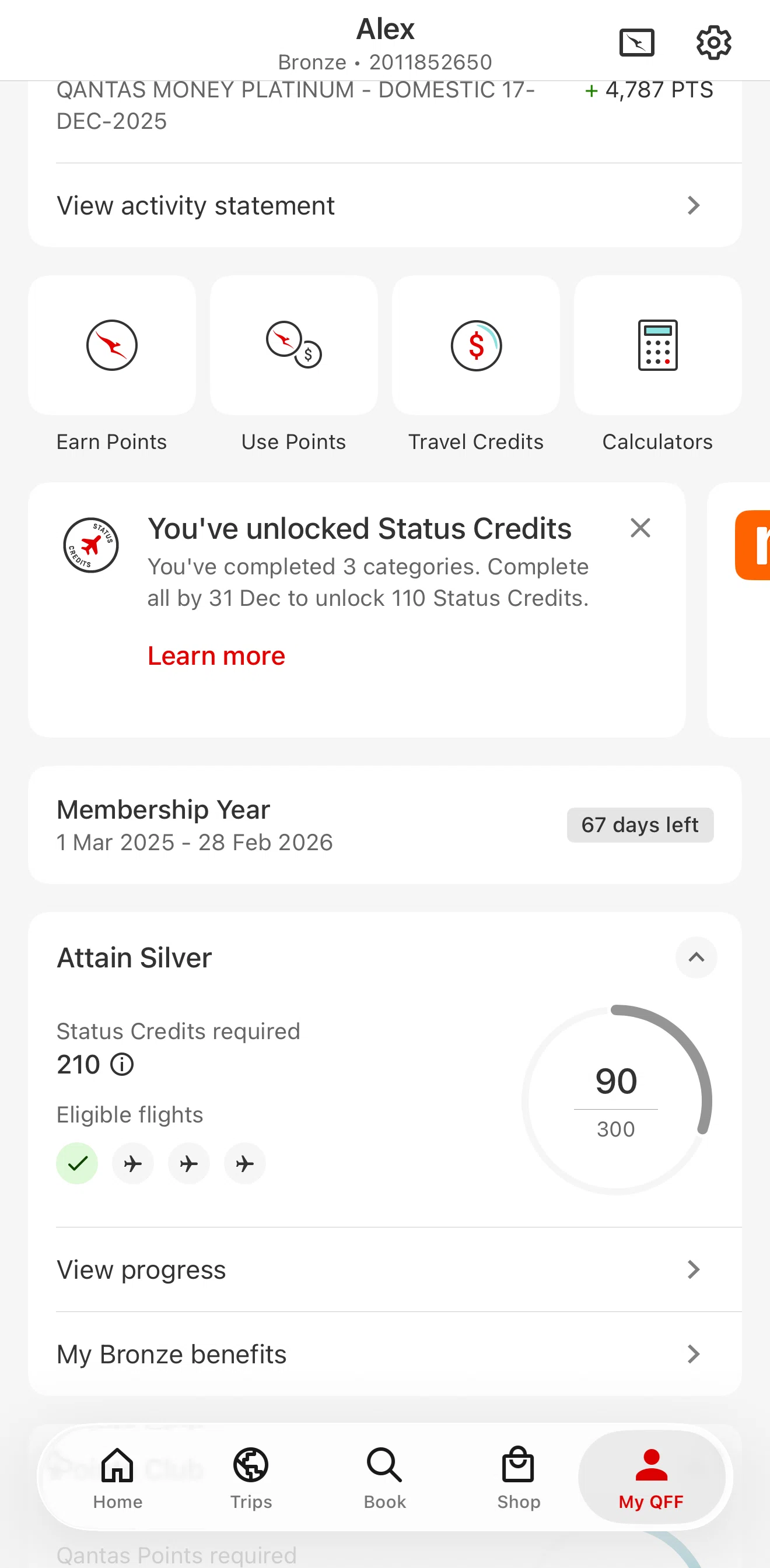 Qantas Airways Screen screen in the Status credits flow