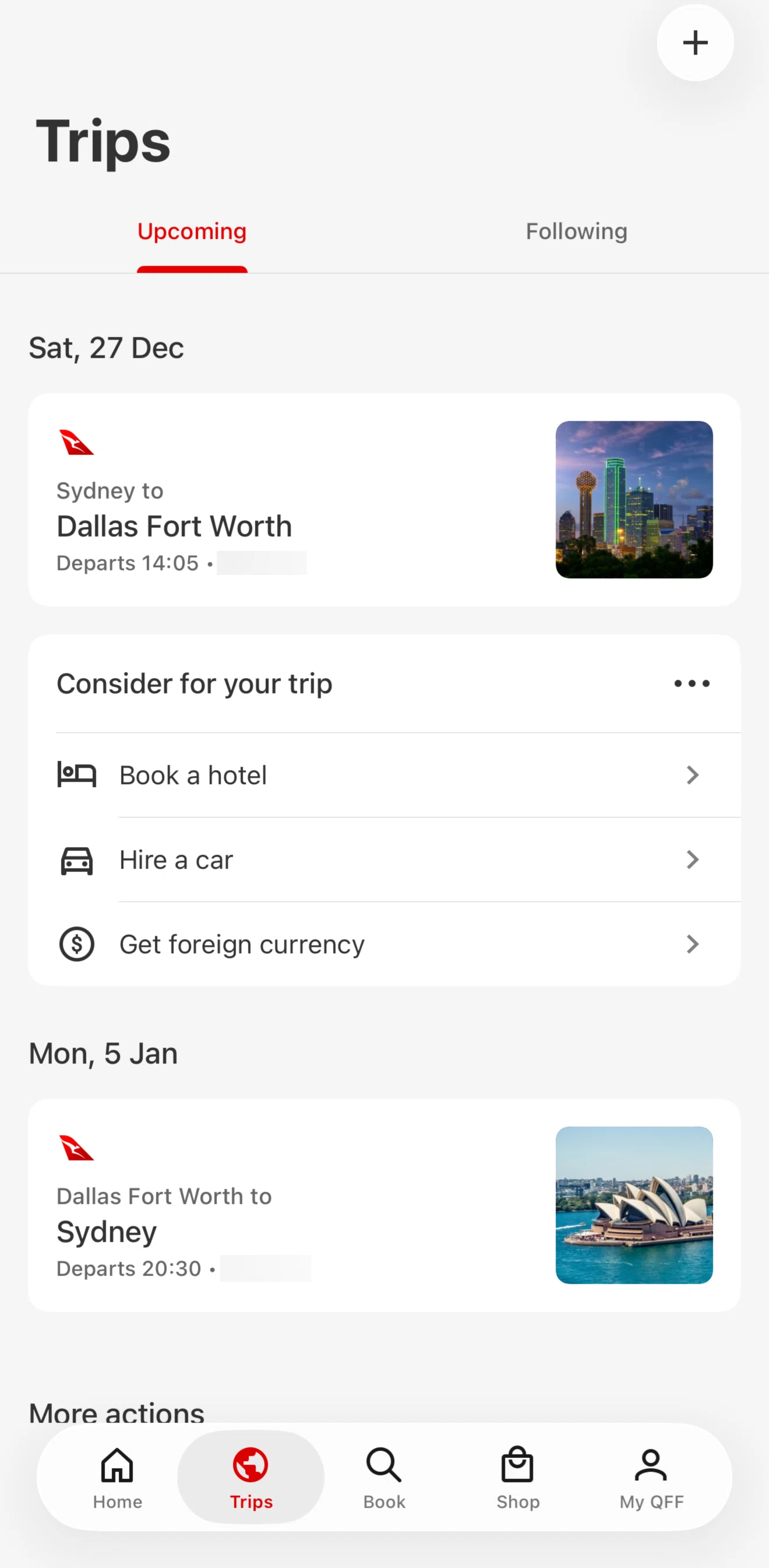 Qantas Airways Screen screen in the Trip detail (upcoming) flow