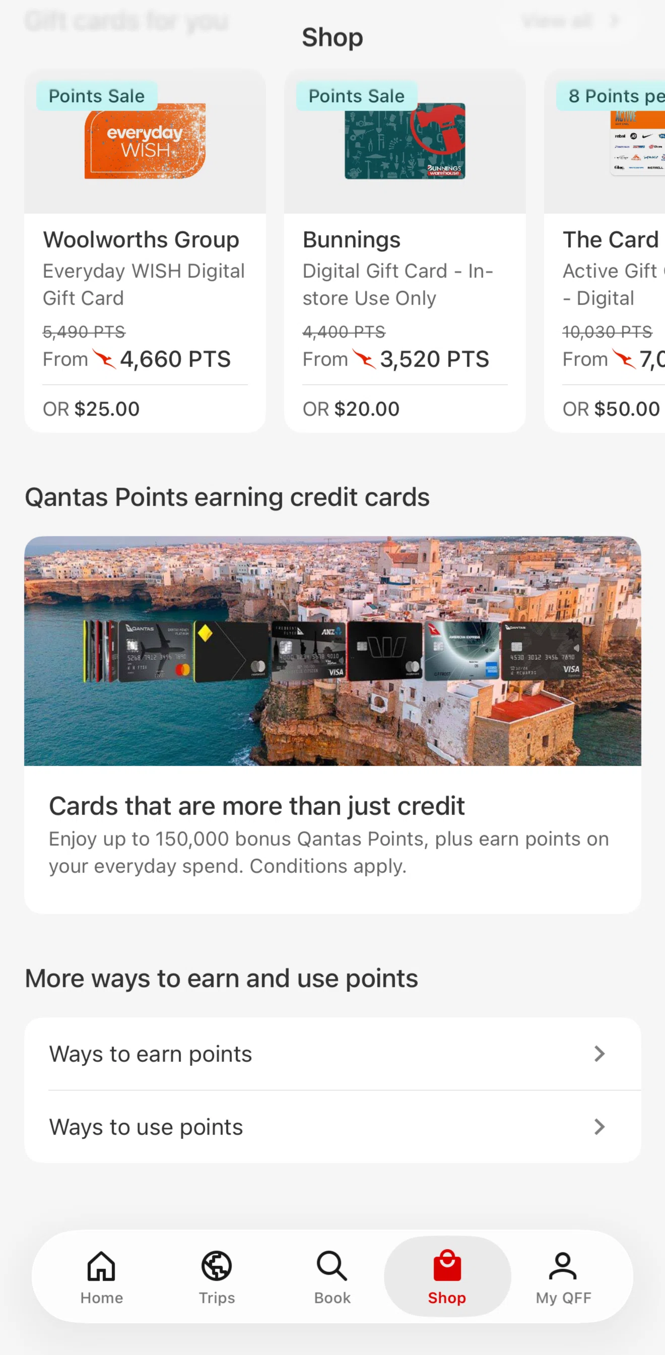 Qantas Airways Screen screen in the Ways to use points flow