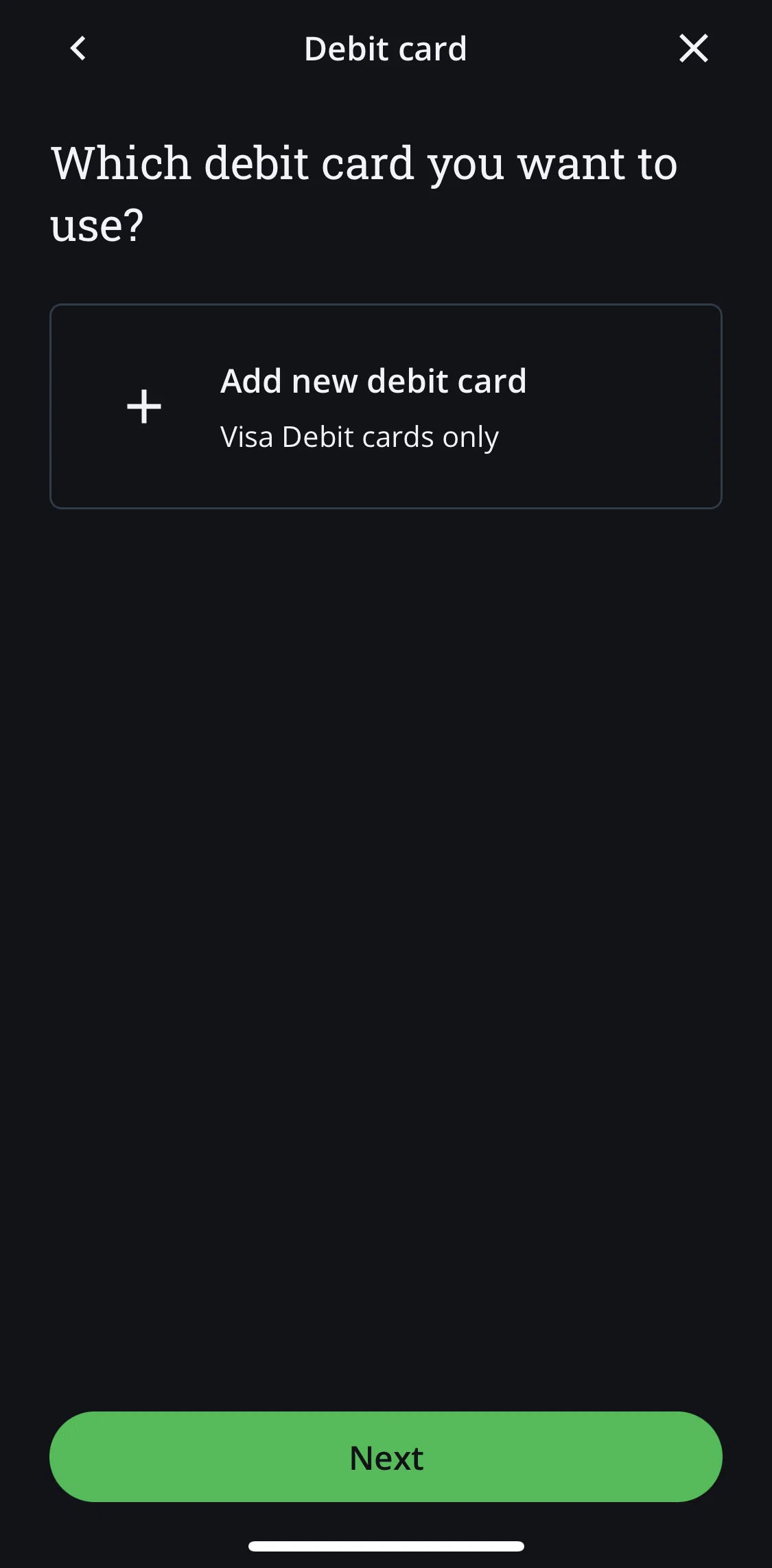 QuestMobile Screen screen in the Adding a debit card flow