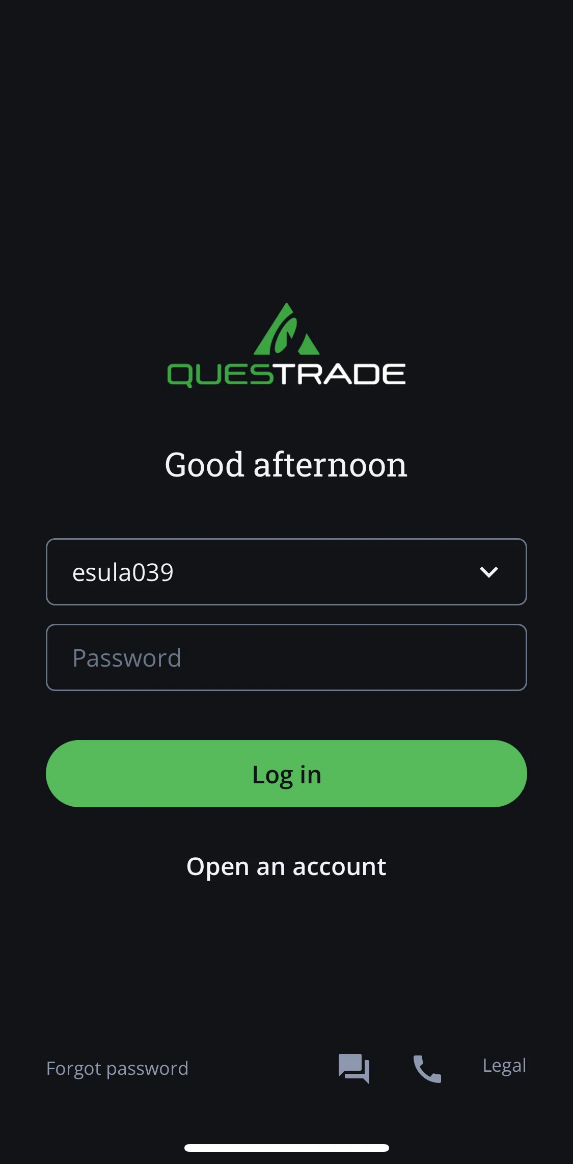 QuestMobile Screen screen in the Logging in flow
