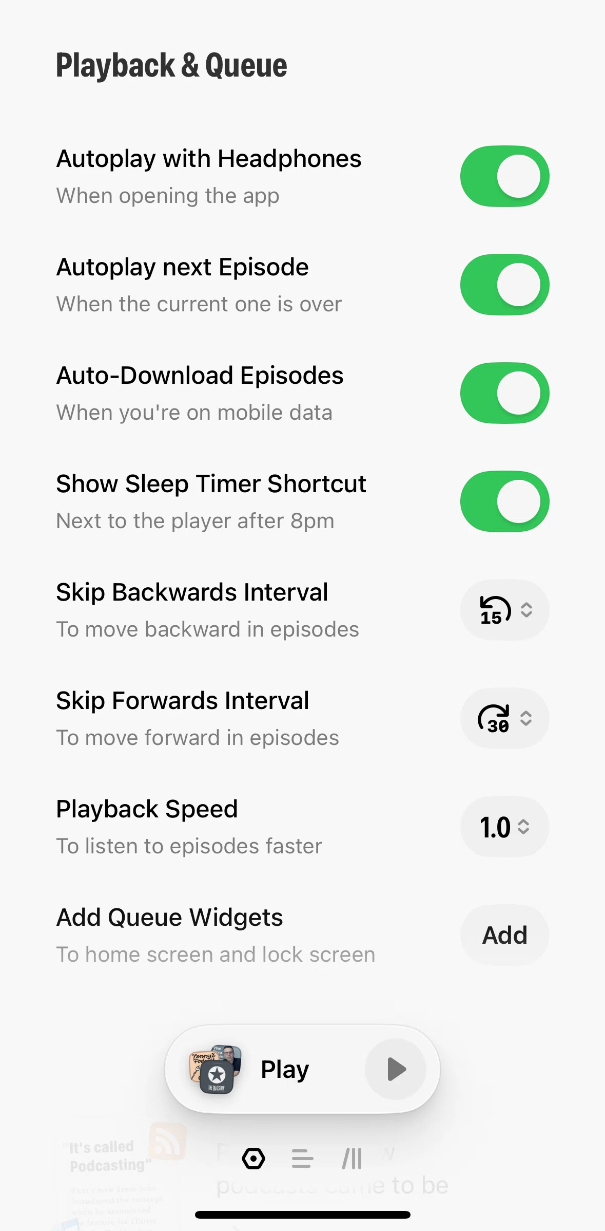 Queue Screen screen in the Changing skip backwards interval flow