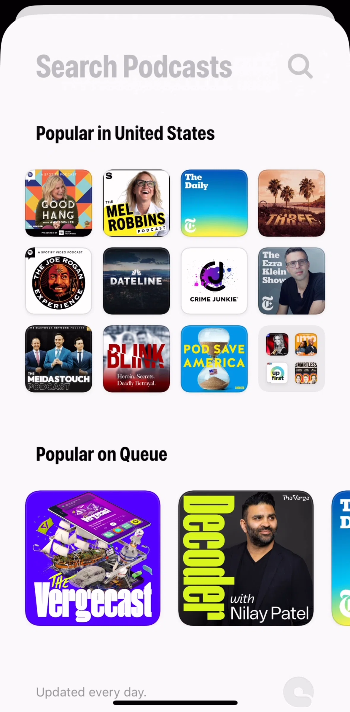 Queue Screen screen in the Popular podcasts flow