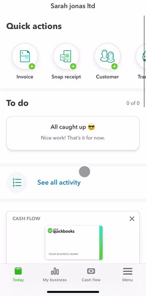 Quickbooks Home screen in the Adding Customer To Waitlist flow