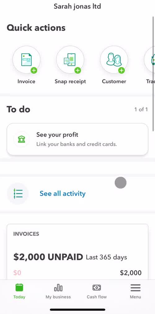 Quickbooks Home screen in the Creating An Invoice flow