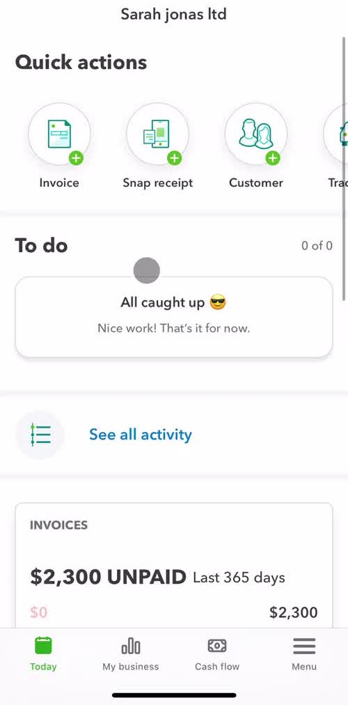 Quickbooks Home screen in the Crm flow