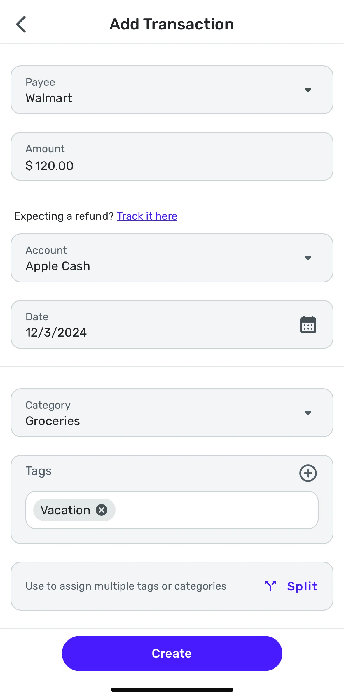 Quicken Screen screen in the Adding split transaction flow