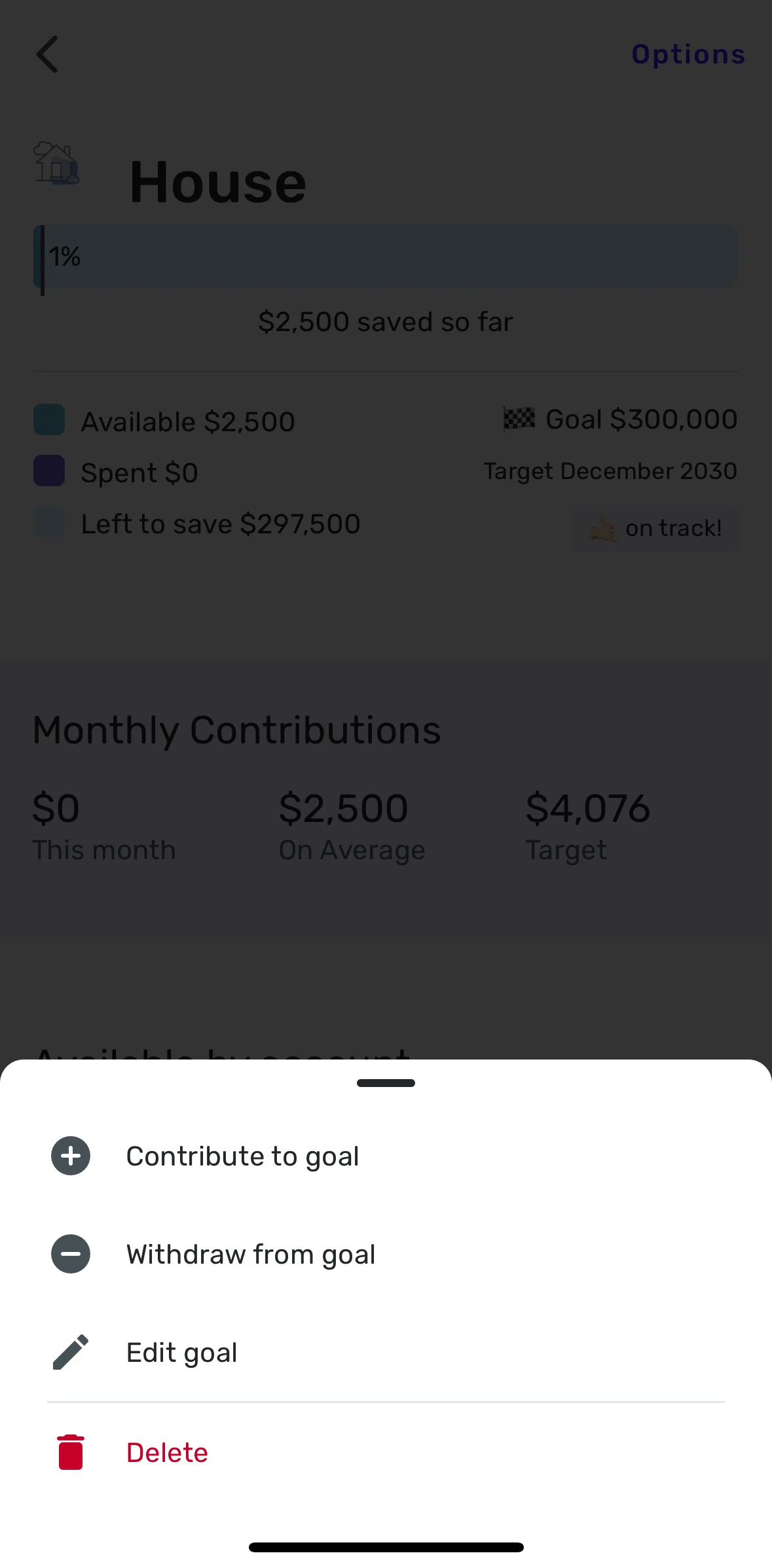 Quicken Screen screen in the Contributing to goal flow