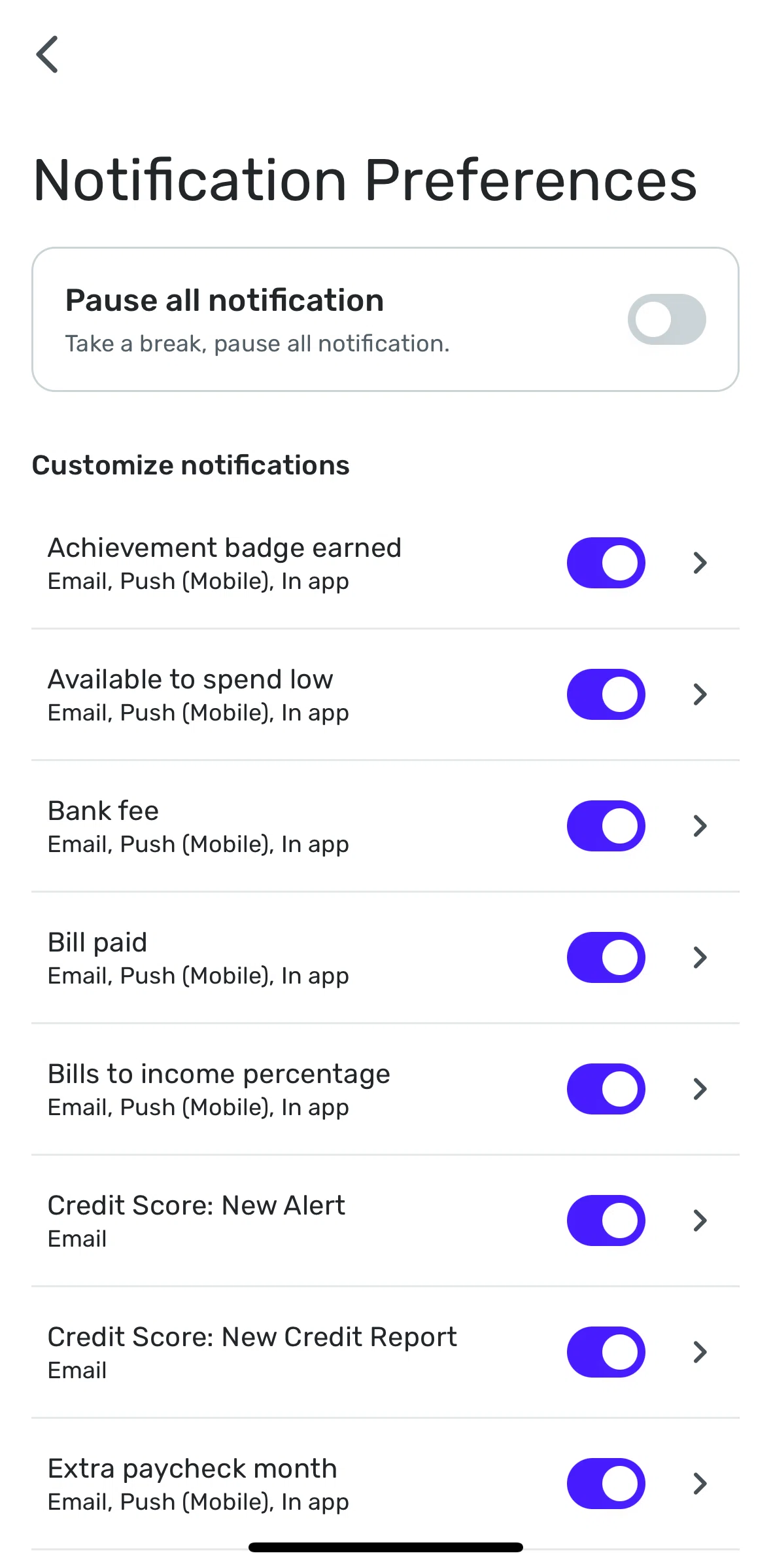 Quicken Screen screen in the Editing notification preferences flow