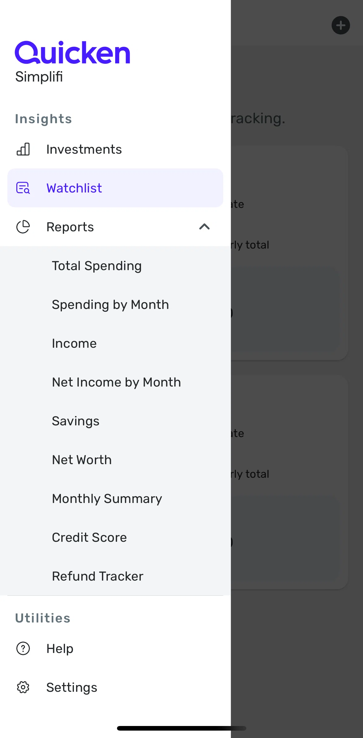 Quicken Screen screen in the Help flow